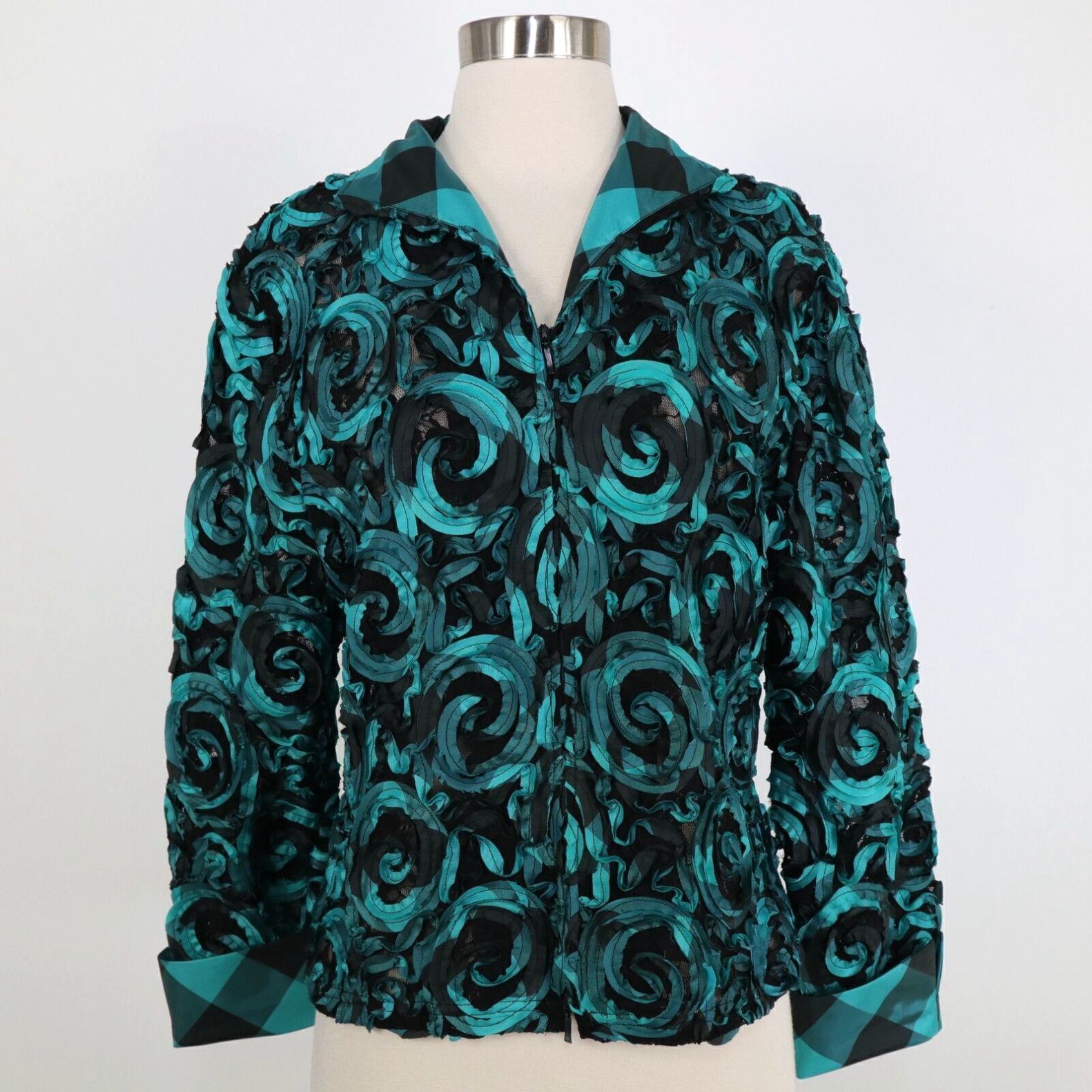 image of Altea Samuel Dong Jacket Womens M Medium Teal Black Embellished Ribbon Full Zip Sheer in White