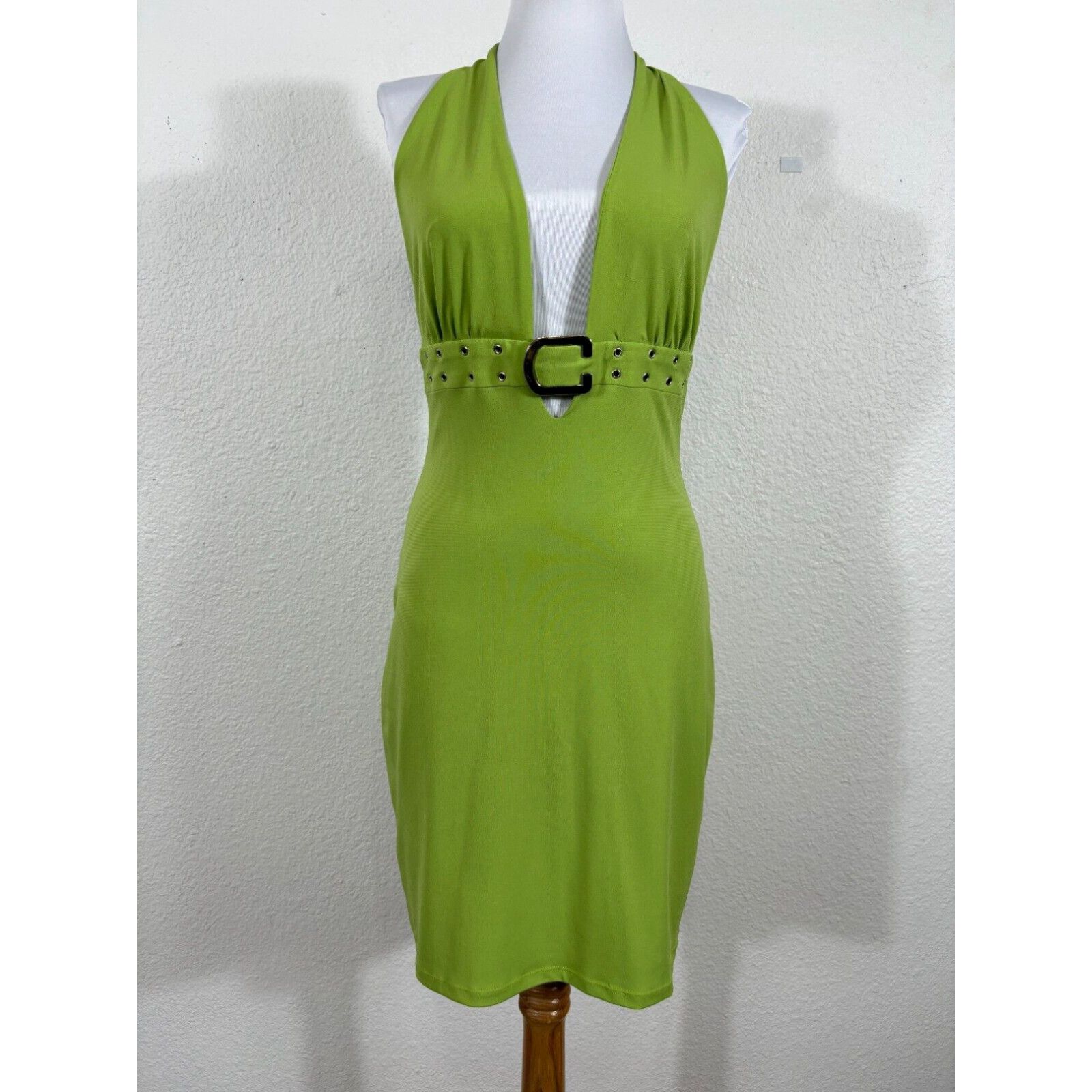 image of Vintage Cache Dress Womens Small Green Buckle Halter Stretch Mini Y2K in White