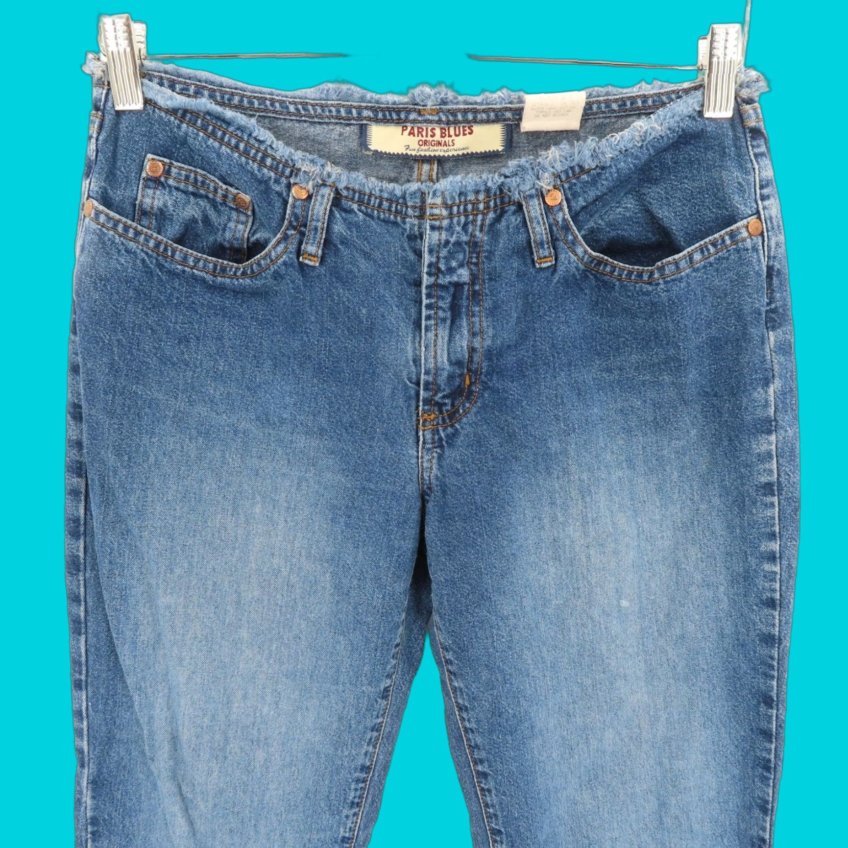 Vintage VINTAGE Paris Blues Jeans Bootcut Junior's 7 Womens Blue Denim 5-Pocket Rise 8" Inseam 31" Y2K 2000s Cleared Hem Raw Waist Low Rise Size 28" / US 6 / IT 42 - 1 Thumbnail