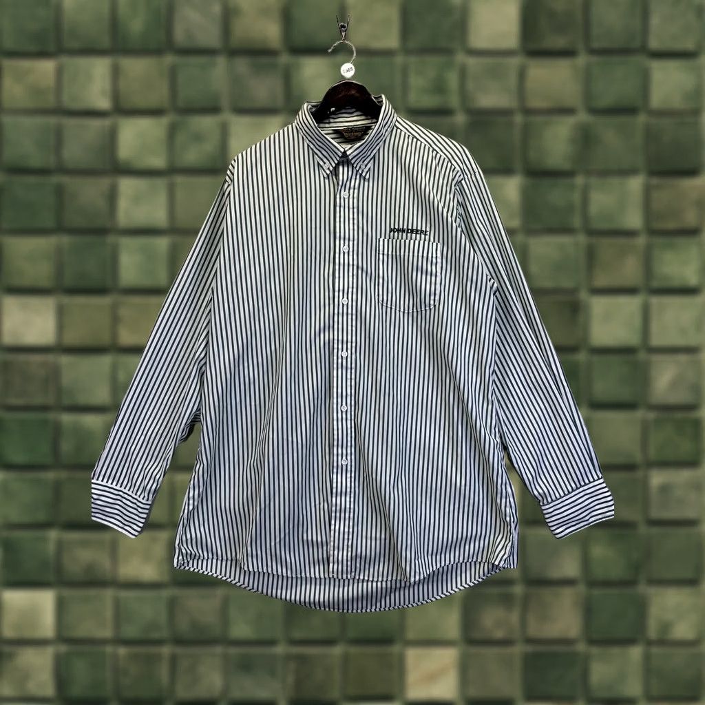 Vintage VINTAGE Quality Apparel John Deere Embroidered Green Stripe Mens Dress Shirt Shirt Mens L Green White Size 42R - 1 Thumbnail