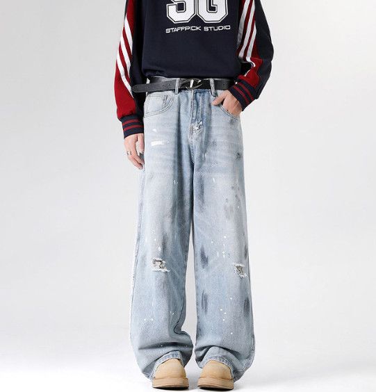 Japanese Brand Men's dirty whiskering street baggy ripped jeans Size US 32 / EU 48 - 1 Thumbnail
