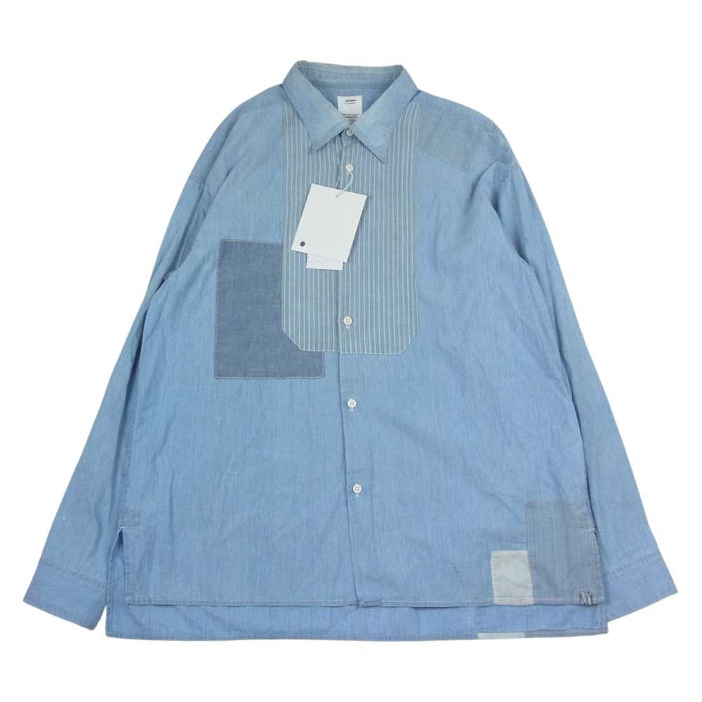 Shirt Patchwork Long Sleeve Chambray Cotton Indigo Blue