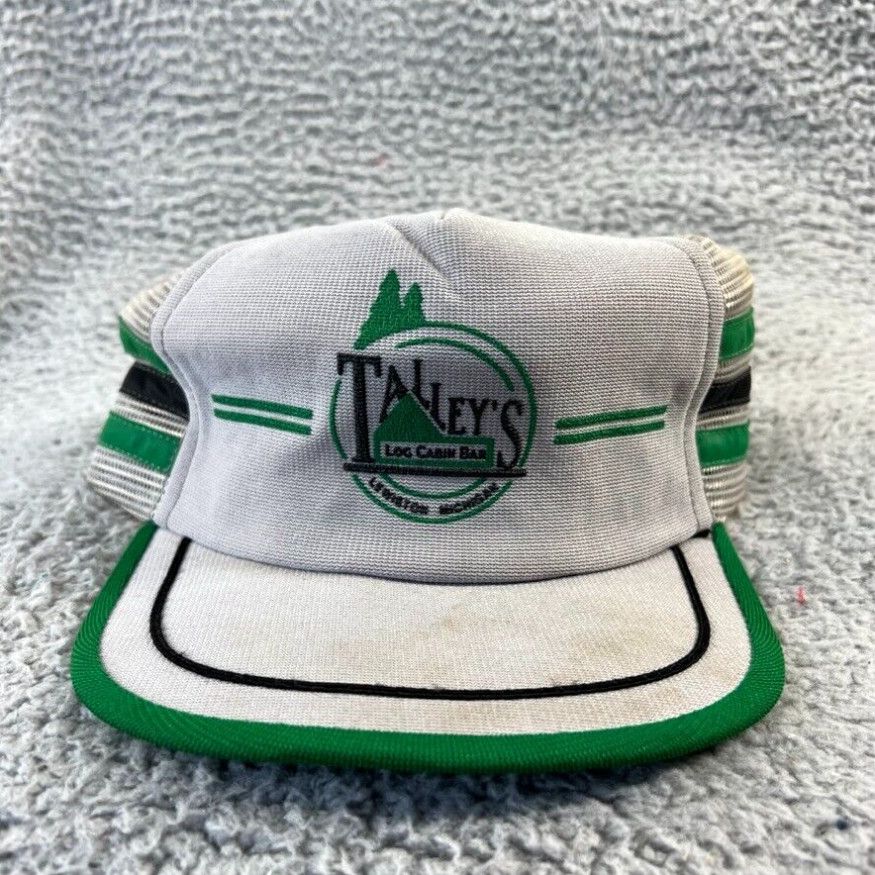 image of Vintage Talleys Log Cabin Bar Snapback Three Stripe Gray Green Lewiston Michigan in White, Men's