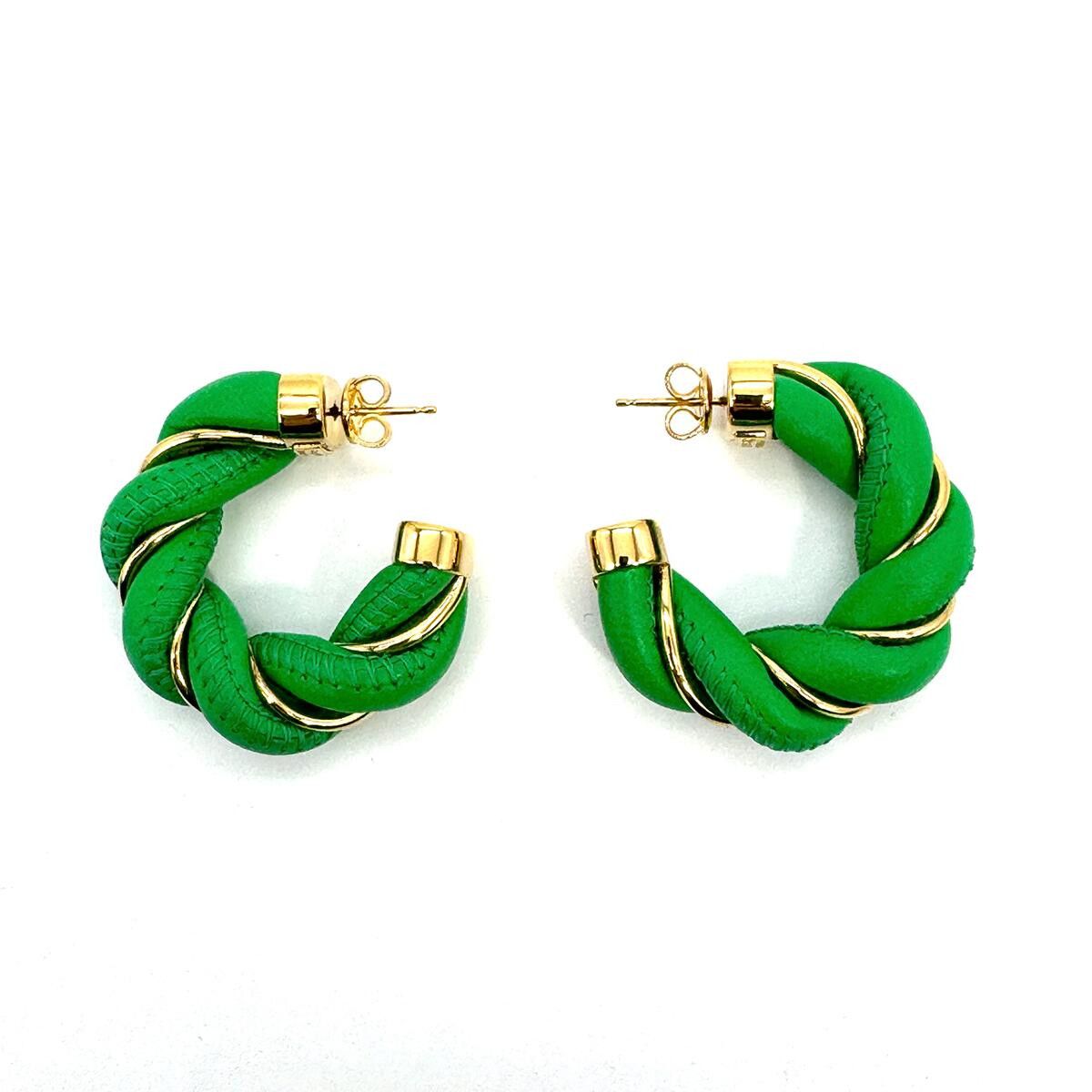 BOTTEGA VENETA Twist circle green leather silver earrings q