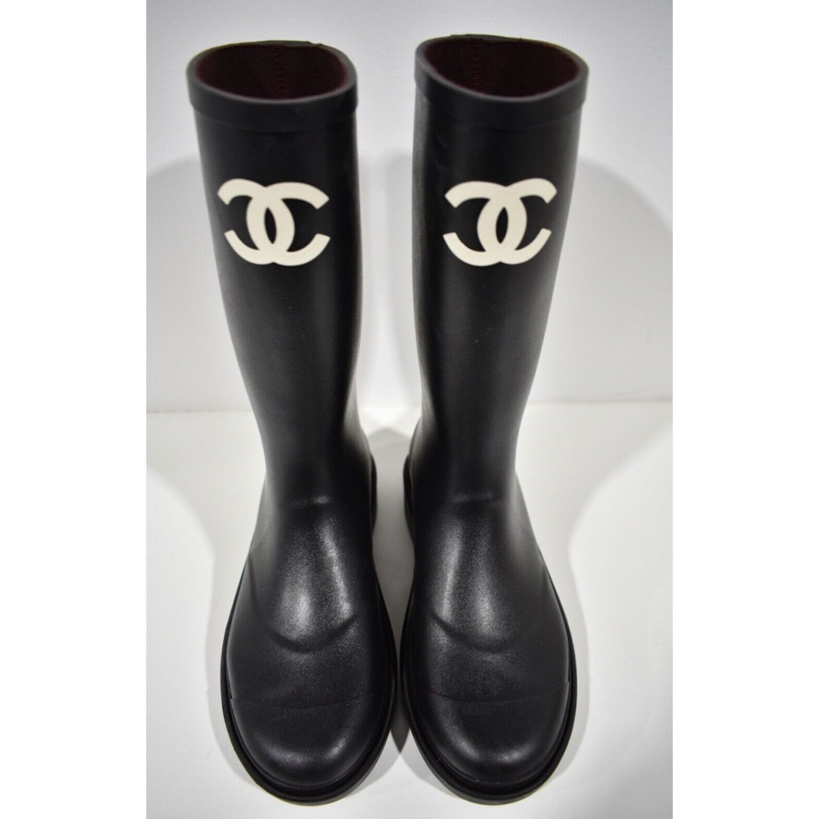 Chanel REV Black White CC Logo High Rubber Rain Boots 35