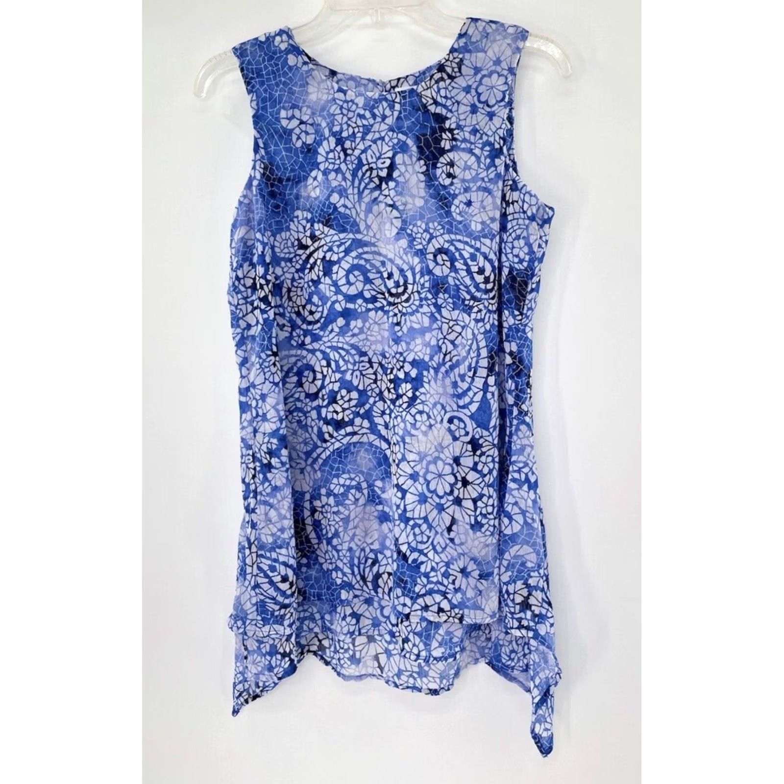 Vintage Fever Tank Top Women Floral Print Lightweight Chiffon Sleeveless Round Neck Button Asymmetrical High Low S Blue Size S / US 4 / IT 40 - 2 Thumbnail