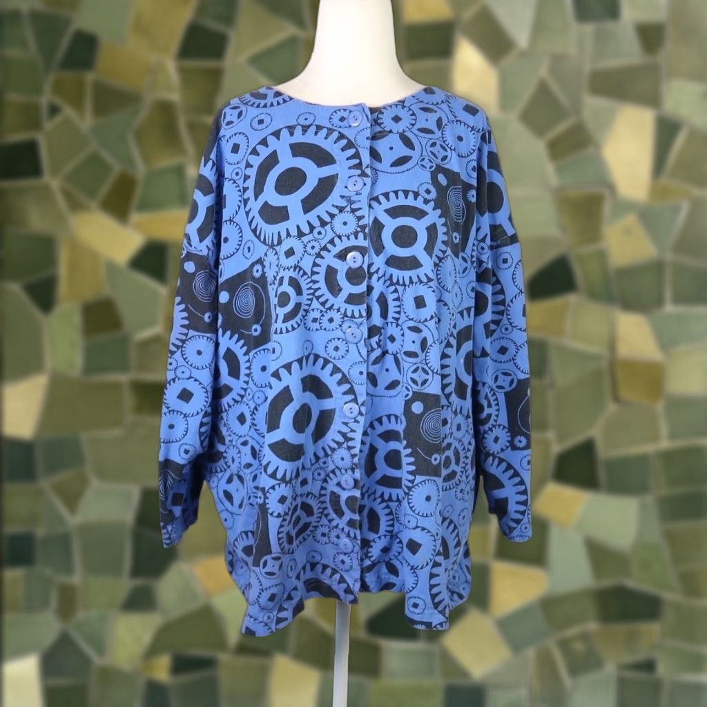 Brandblack VINTAGE 90s Cotton & Company Gear Print Cardigan Sweater Women's XL Blue Black Button Front 100% Cotton Seasonal Fall Spring 80s 90s Womens Size XL / US 12-14 / IT 48-50 - 1 Thumbnail