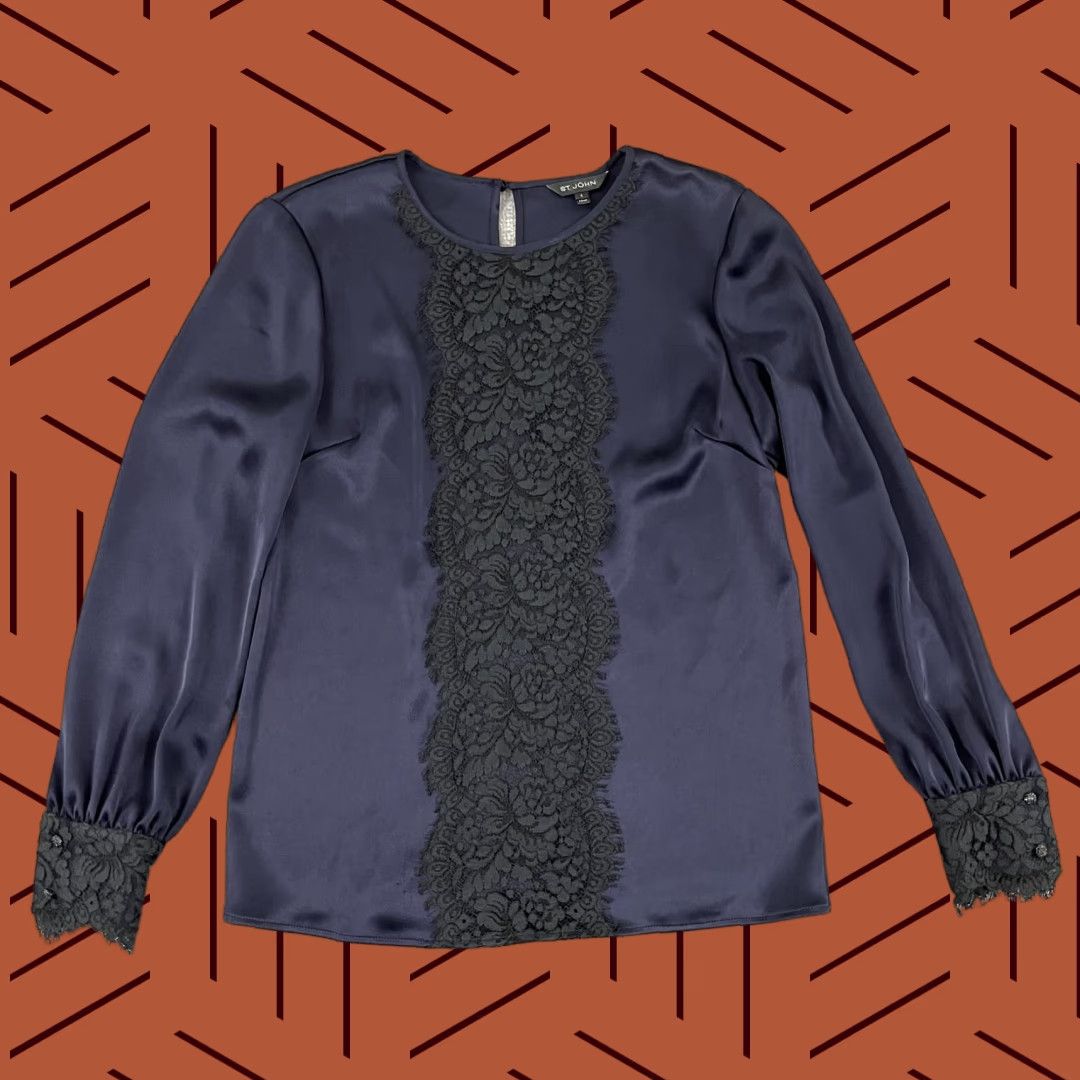 St. John ST. JOHN Blouse Womens Size 4 Blue Liquid Satin Lace Navycaviar Quiet Old Luxury Womens Size S / US 4 / IT 40 - 1 Thumbnail