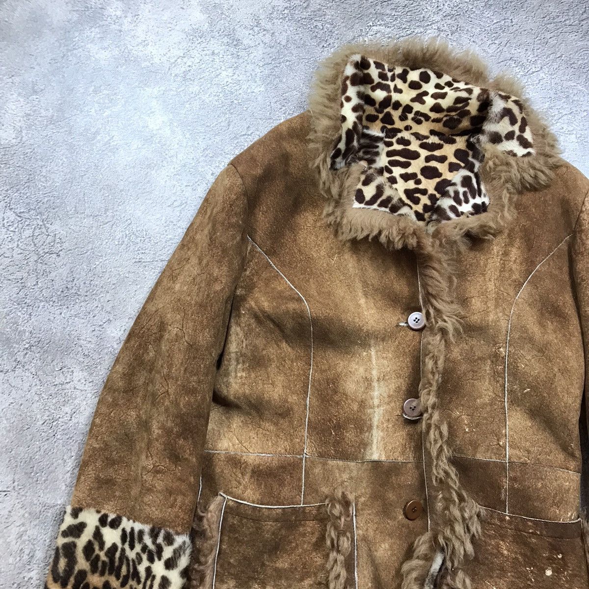 Genuine Leather Vintage Y2K Leopard Fur Collar Suede Jacket Gorpcore Faded L Size L / US 10 / IT 46 - 3 Thumbnail