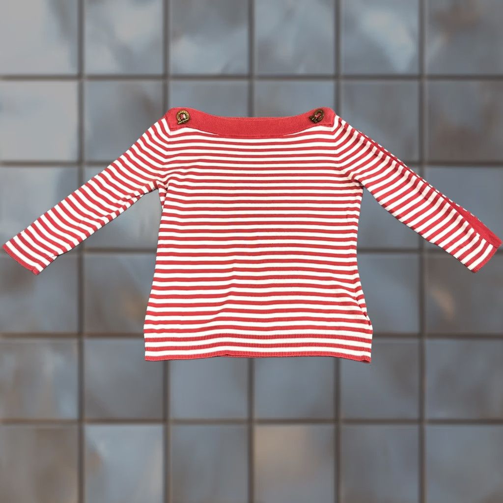 Ralph Lauren Lauren Ralph Lauren Stripe Knit Top Boat Neck Gold Toggle Red White Medium Womens Size M / US 6-8 / IT 42-44 - 1 Thumbnail