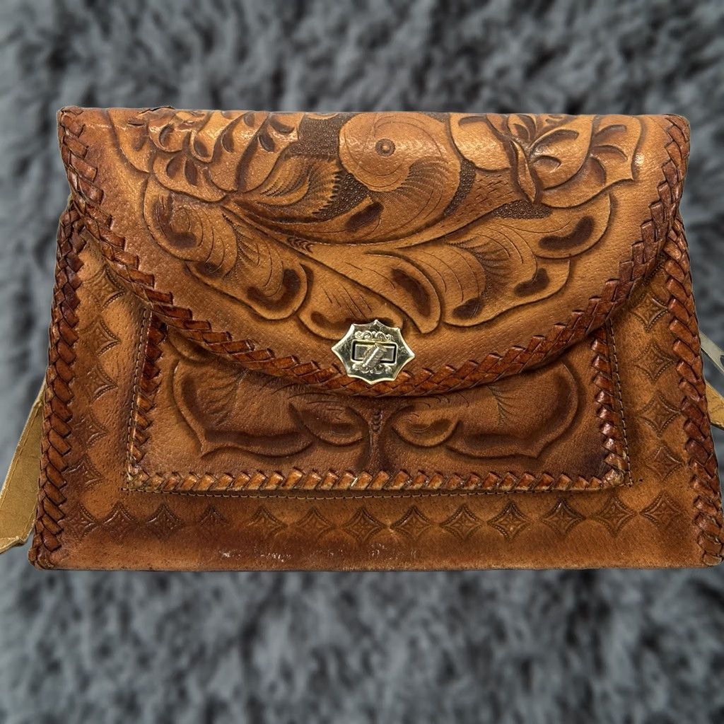 Vintage VINTAGE Leather Shoulder Bag Purse Brown Floral Western Boho Small Women Read Size ONE SIZE - 1 Thumbnail