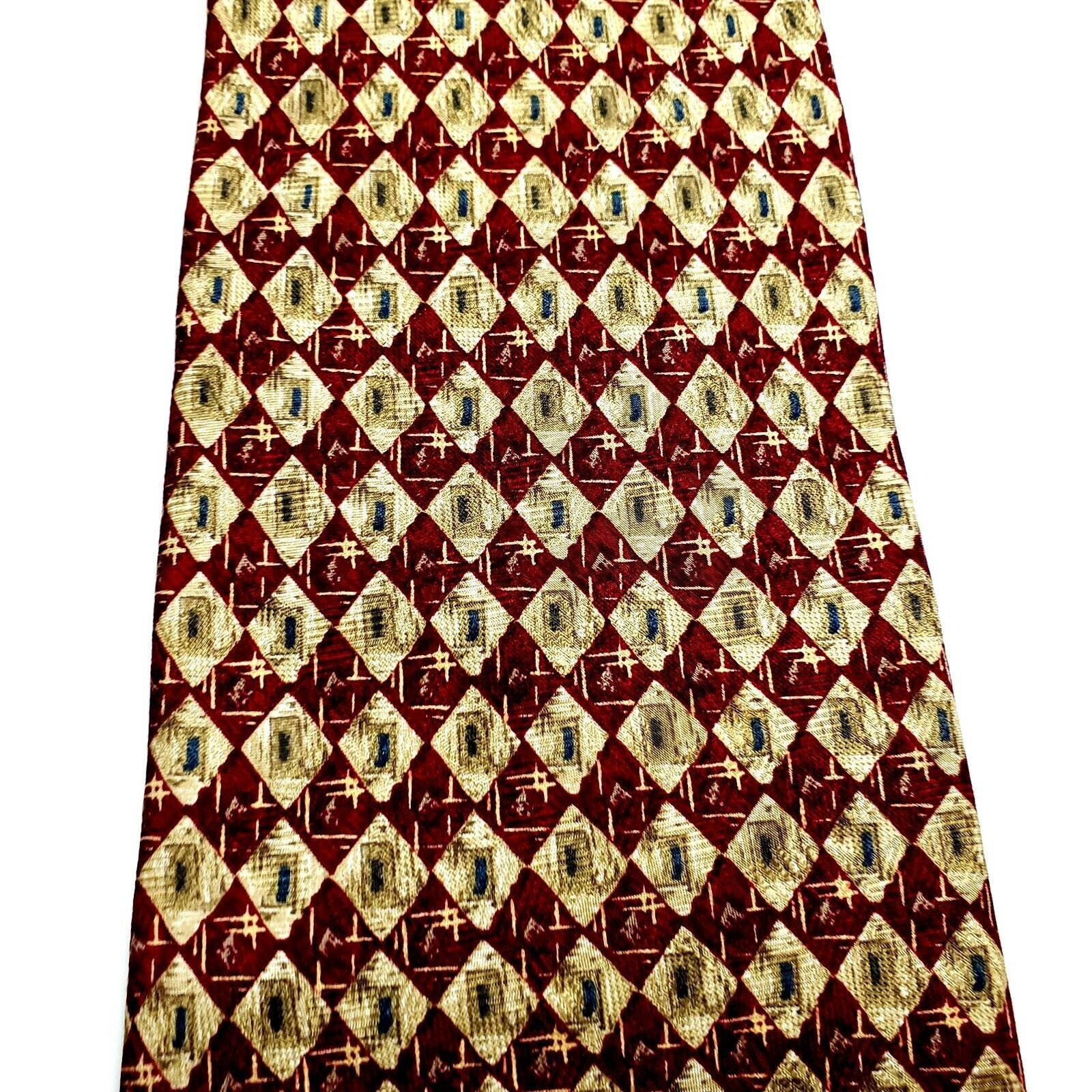 Designer Ferrrell Reed Silk Tie Red Yellow Geometric Print Wide Size ONE SIZE - 2 Thumbnail