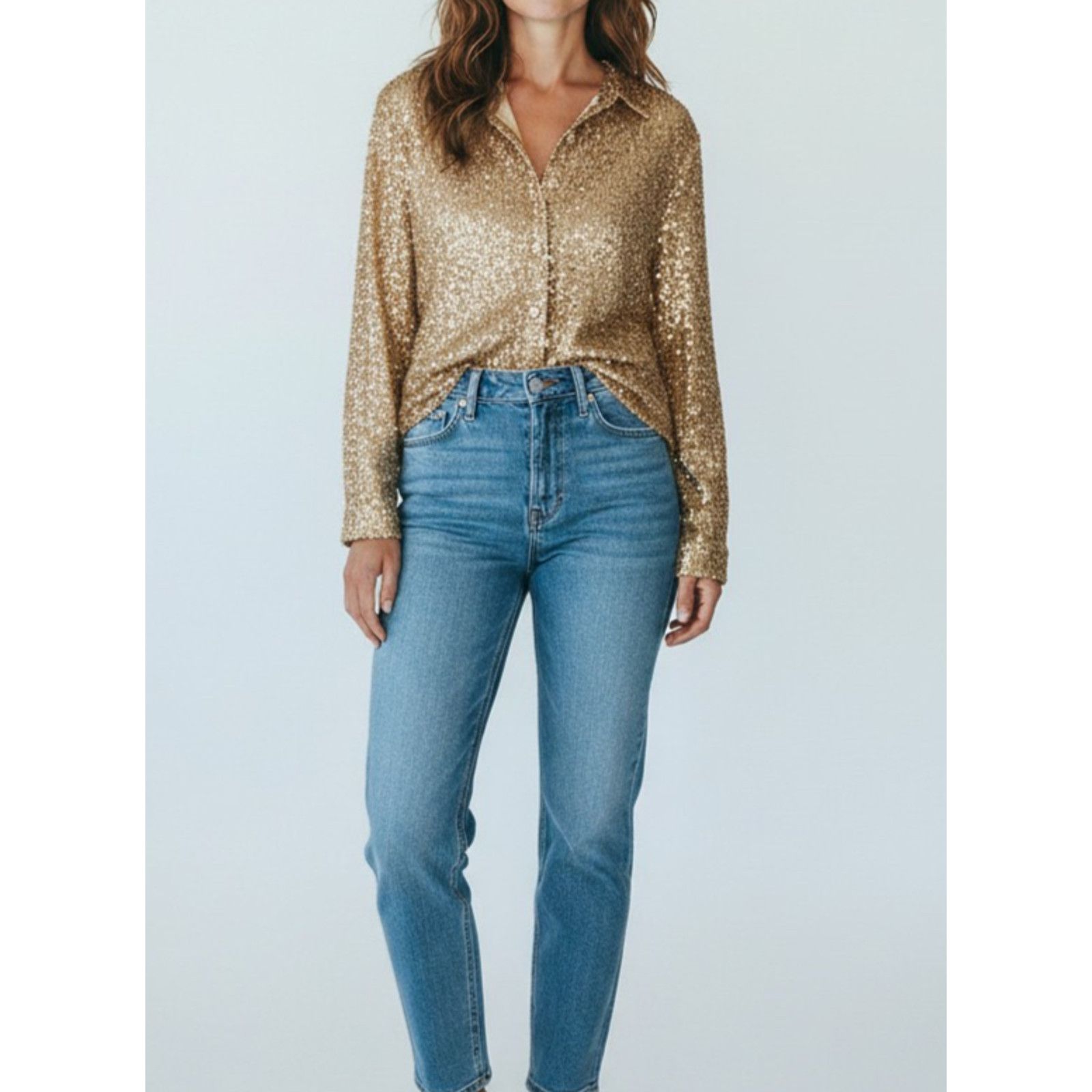 Soft Surroundings SOFT SURROUNDINGS Collared Gold Sequin Blouse Size L Size L / US 10 / IT 46 - 1 Thumbnail