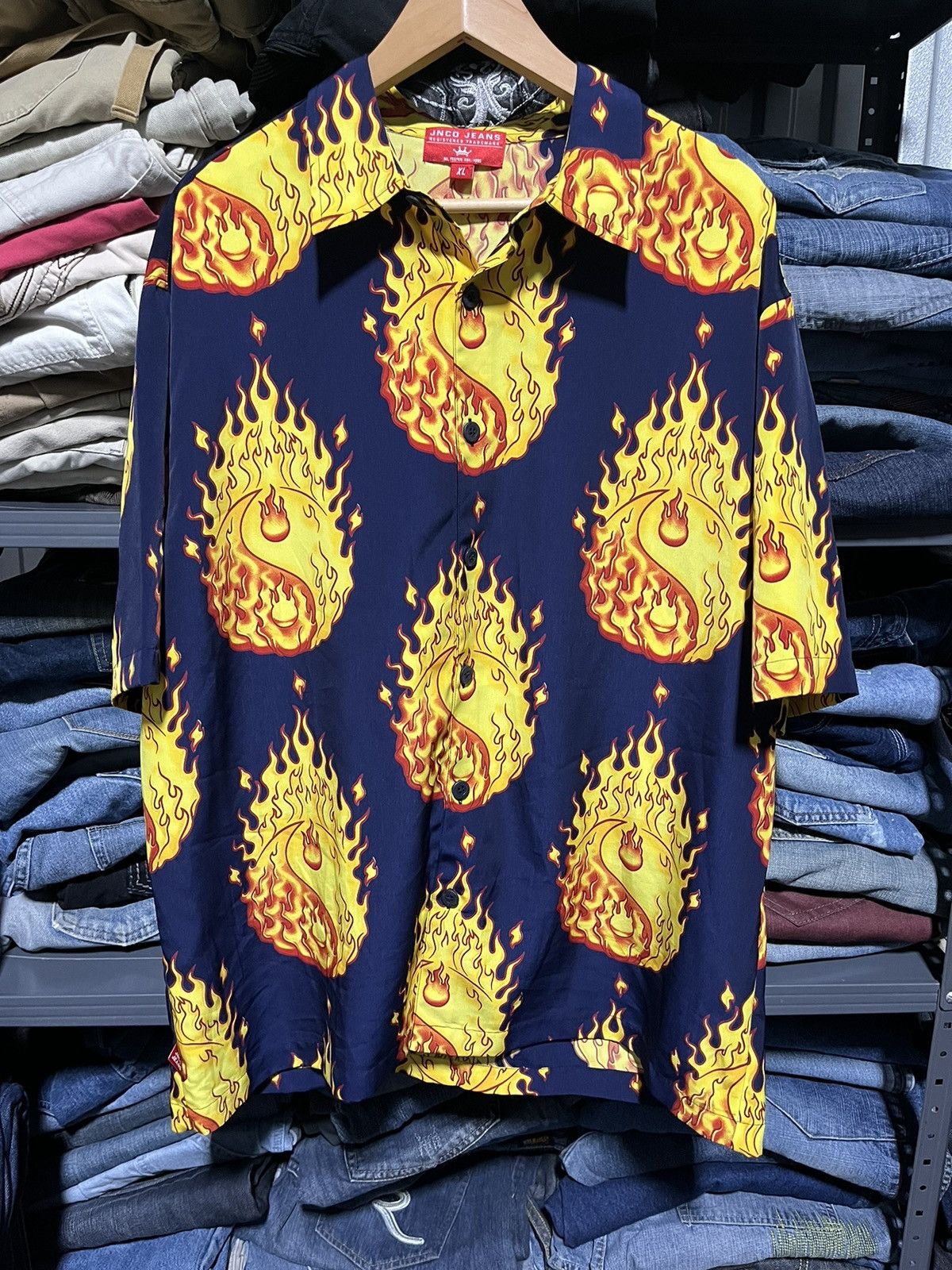 Affliction × JNCO × Vintage CRAZY VINTAGE Y2K JNCO FLAMES BUTTON DOWN TEE SHIRT SKATER Size US XL / EU 56 / 4 - 3 Thumbnail