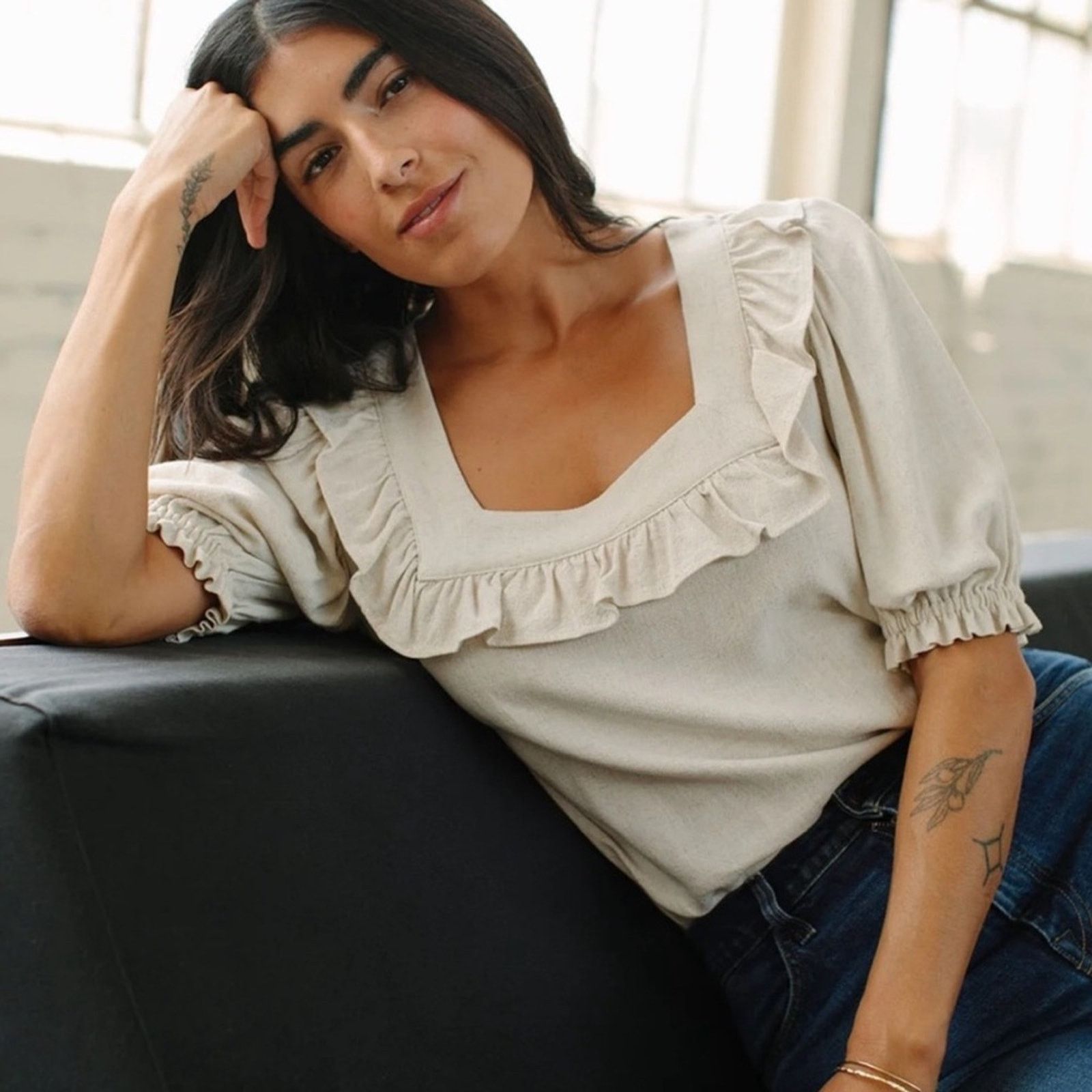 image of Rachel Pally Linen Dorothy Top Ruffled Square Neck Top Small in Cream, Women's