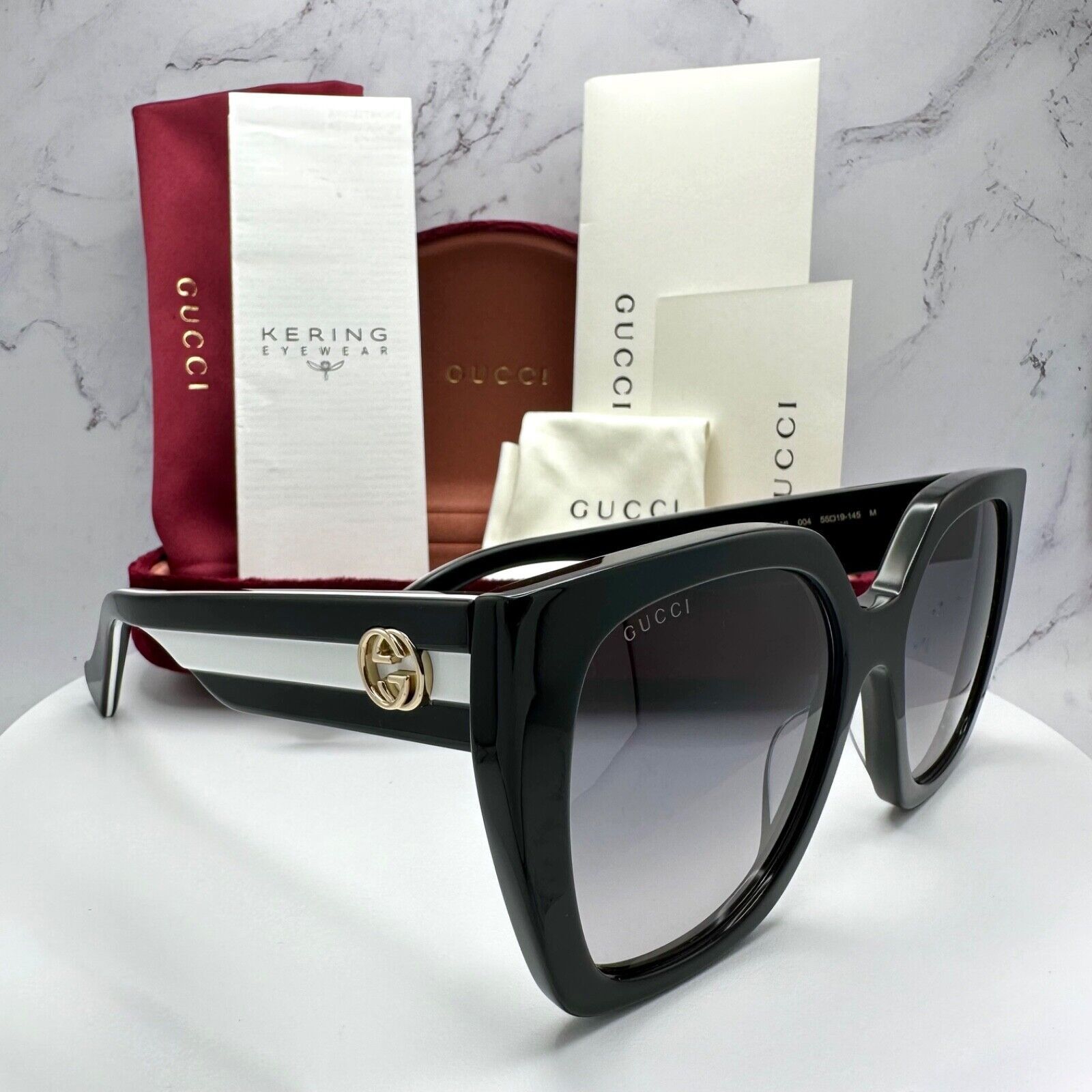 New Gucci Sunglasses Black White Gold Interlocking GG