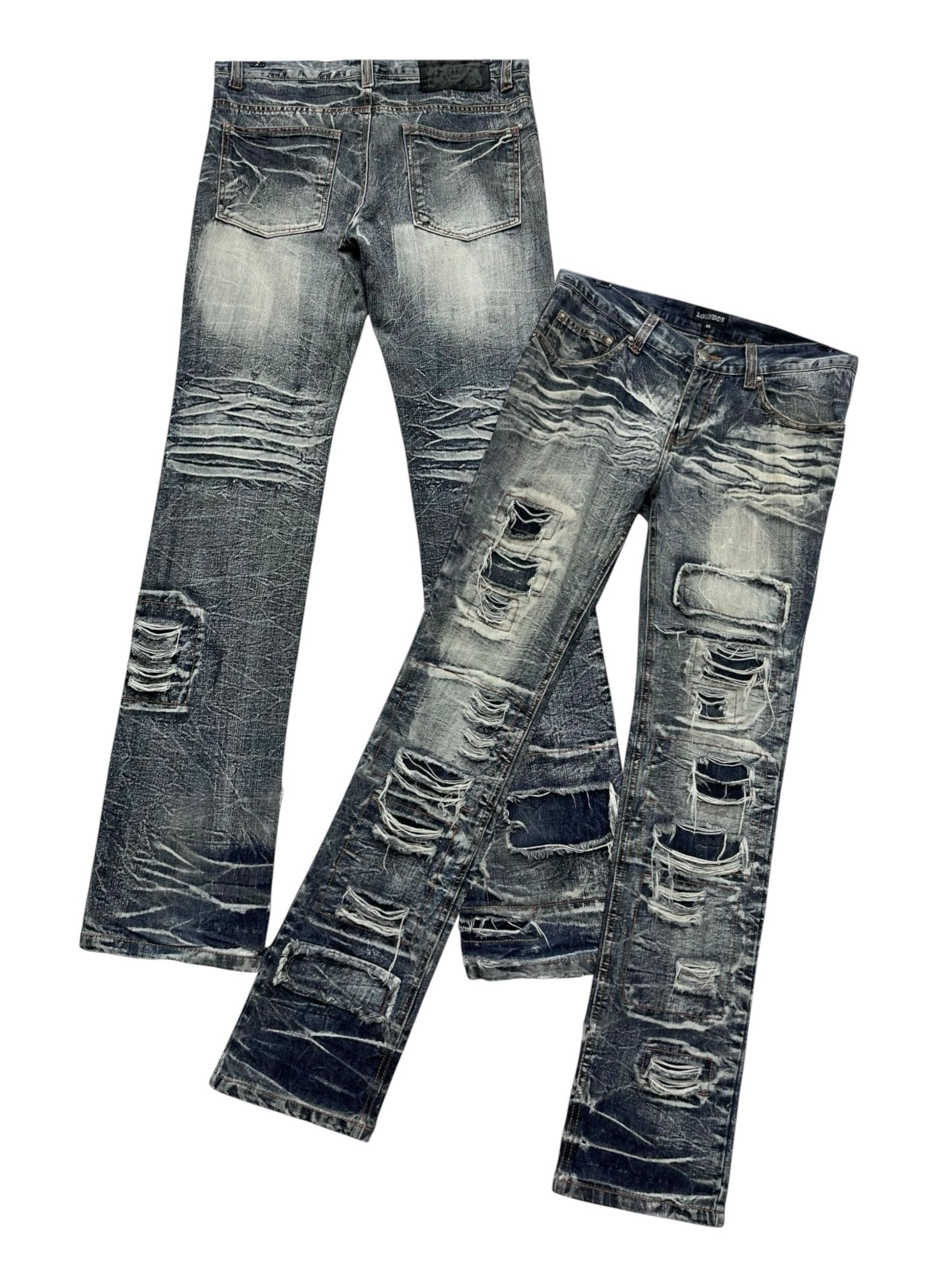 【LOWBOX】 Damage Design Denim LowBox Distressed denim jeans with a bold