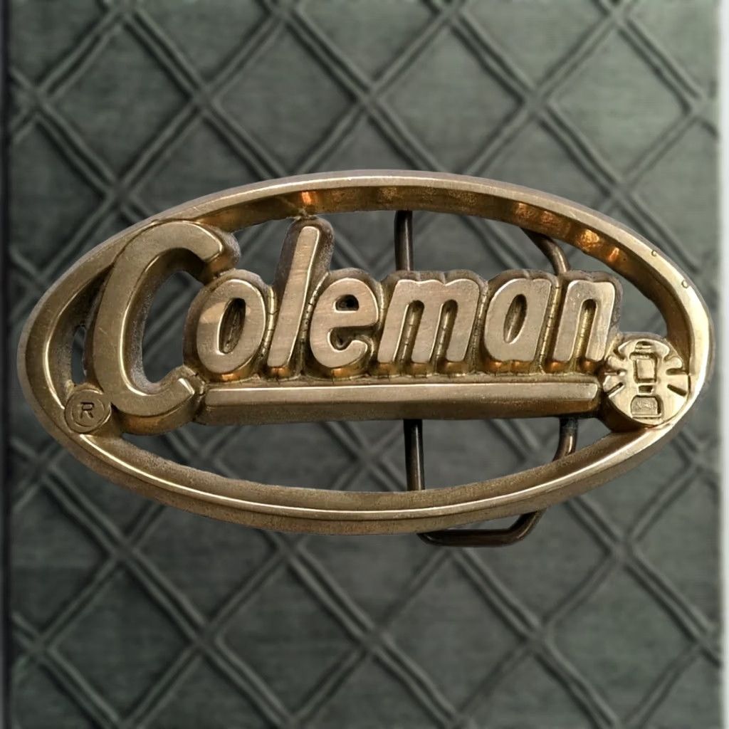 Vintage VINTAGE Camping Brass Belt Buckle USA Coleman Lantern Stove Spellout Script Size ONE SIZE - 1 Thumbnail
