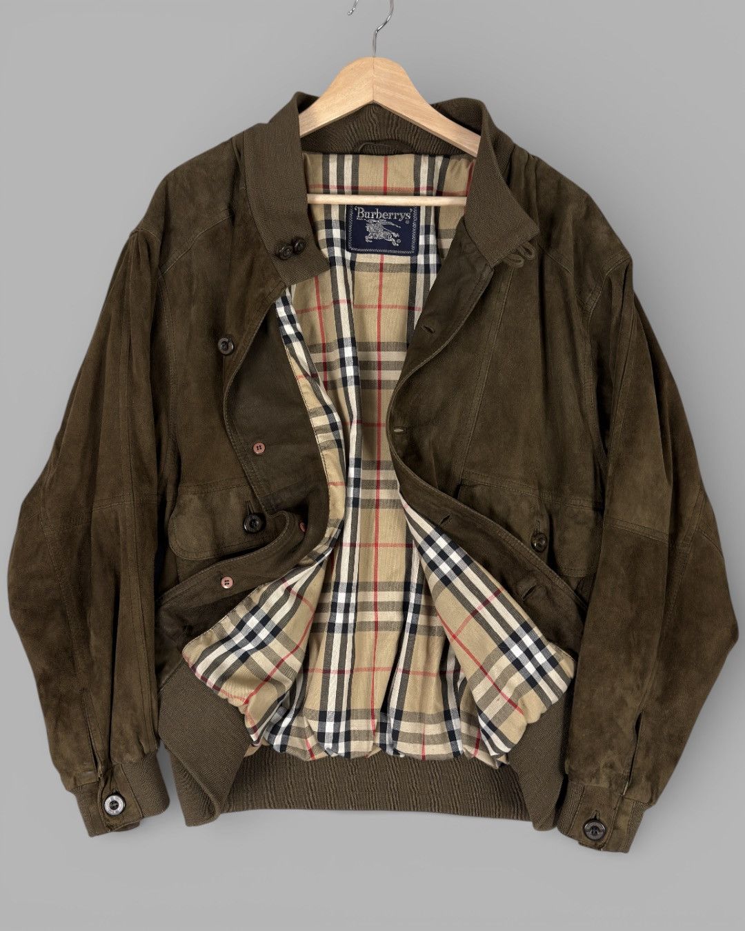 Burberry 80's BURBERRYS Nova Check Lined Suede Leather Bomber Jacket Size US L / EU 52-54 / 3 - 1 Thumbnail