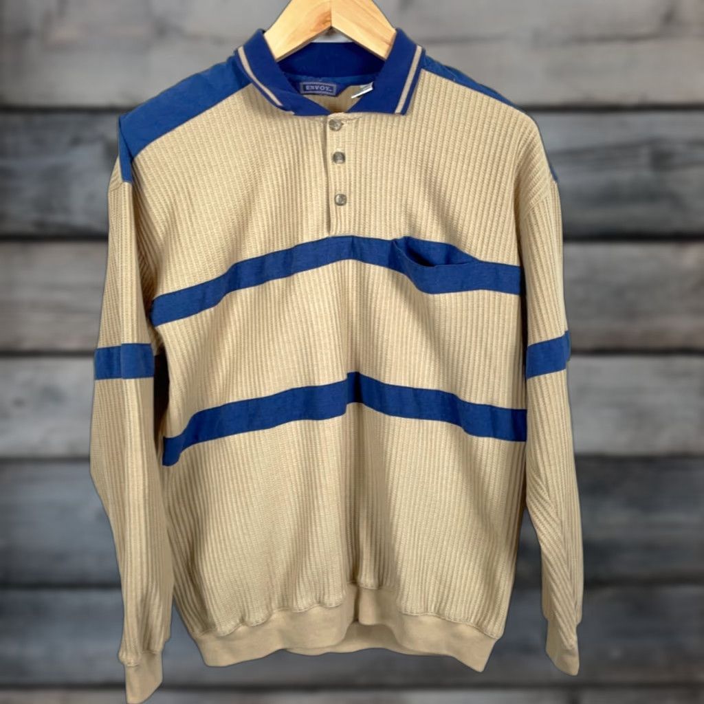 Vintage Envoy Polo Shirt Shirt Adult Large Beige 90s Retro Waffle Knit Long Sleeve Blue Panel Trim Vintage Mens Size US L / EU 52-54 / 3 - 1 Thumbnail