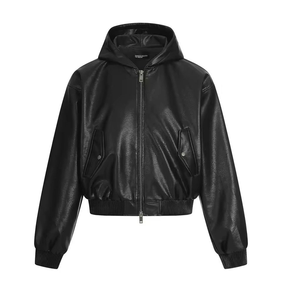 Japanese Brand Black PU Leather Hooded Zipper Jacket Size US XL / EU 56 / 4 - 1 Thumbnail