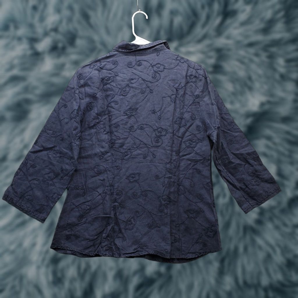 Vintage Carole Little Shirt Womens L Navy Linen Embroidered Collared Button Front Size L / US 10 / IT 46 - 1 Thumbnail