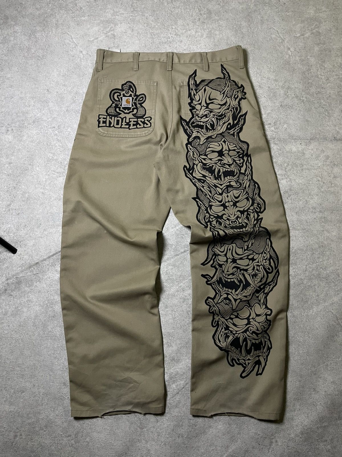 Carhartt 👺ONI/Yokai YAKUZA Y2K Carhartt Castom RARE Vinage Skull☠️ Size US 31 - 1 Thumbnail
