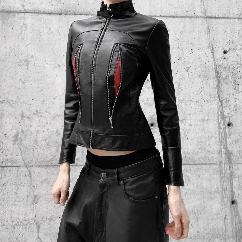 Vintage Avant-Garde biker leather jacket with red zippers details Size M / US 6-8 / IT 42-44 - 3 Thumbnail
