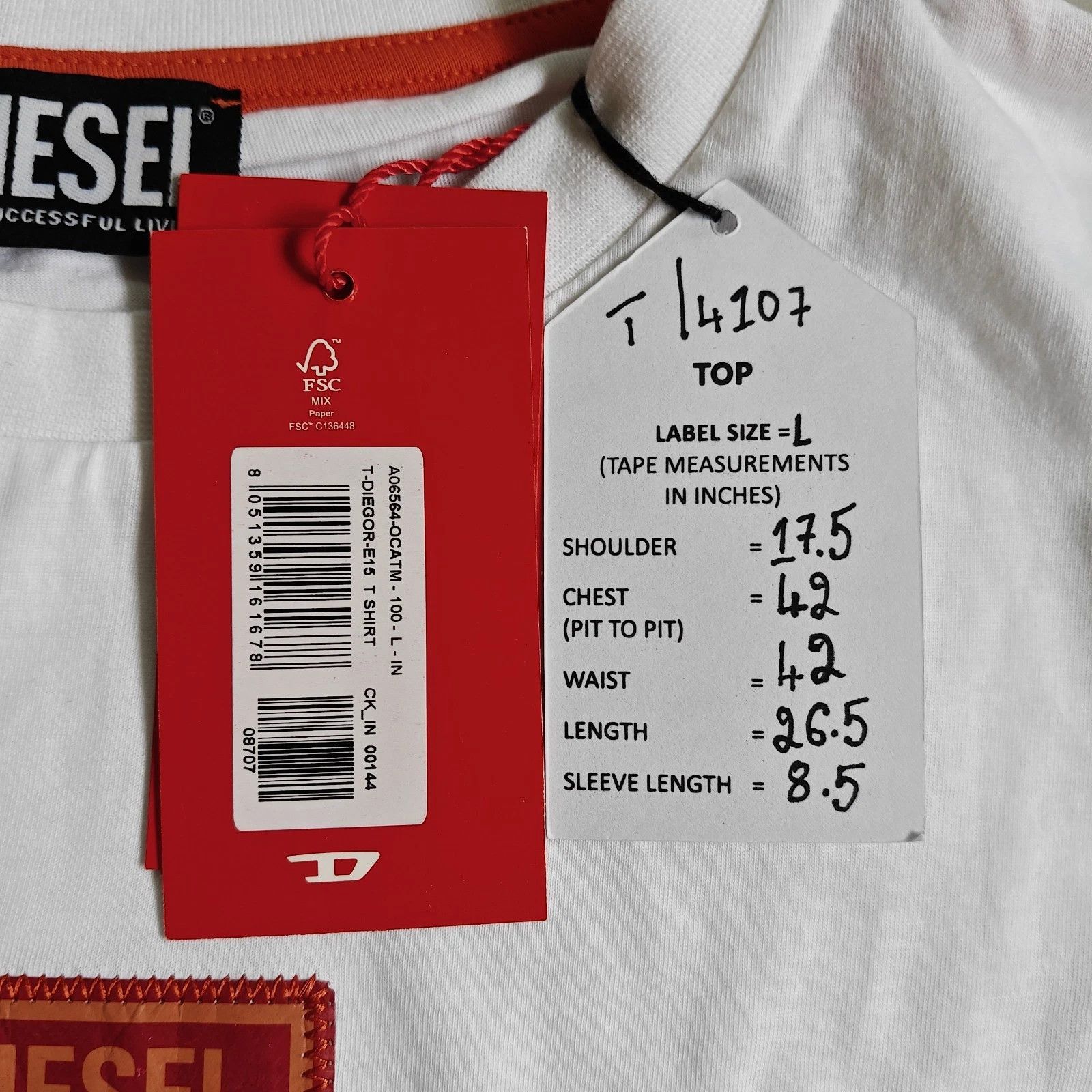 Diesel DIESEL White T-Shirt With Logo Patch FTP 4107 Size US L / EU 52-54 / 3 - 5 Thumbnail