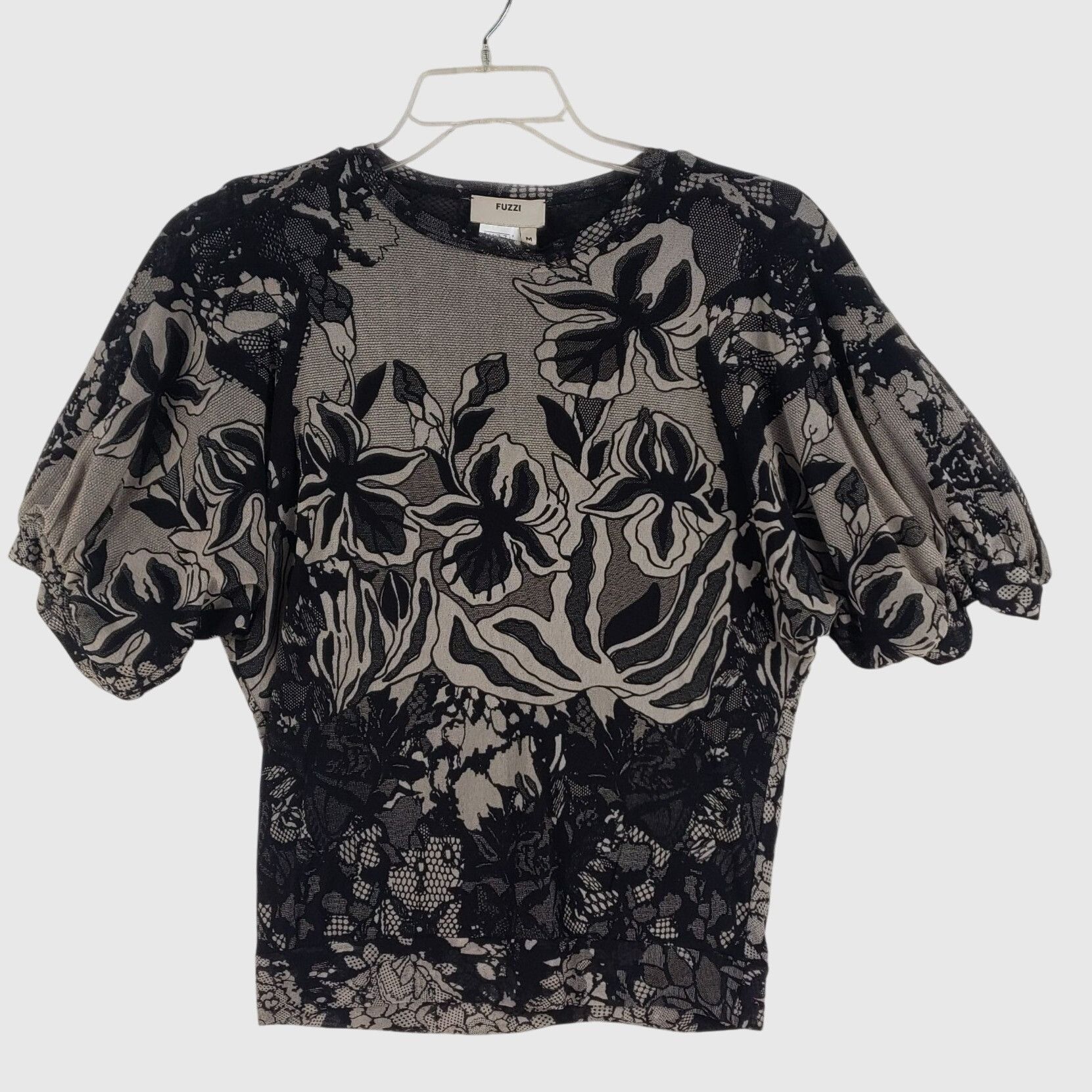 FUZZI FUZZI Italy Floral Mesh Top Black Beige Puff Sleeve Blouse Size M / US 6-8 / IT 42-44 - 1 Thumbnail