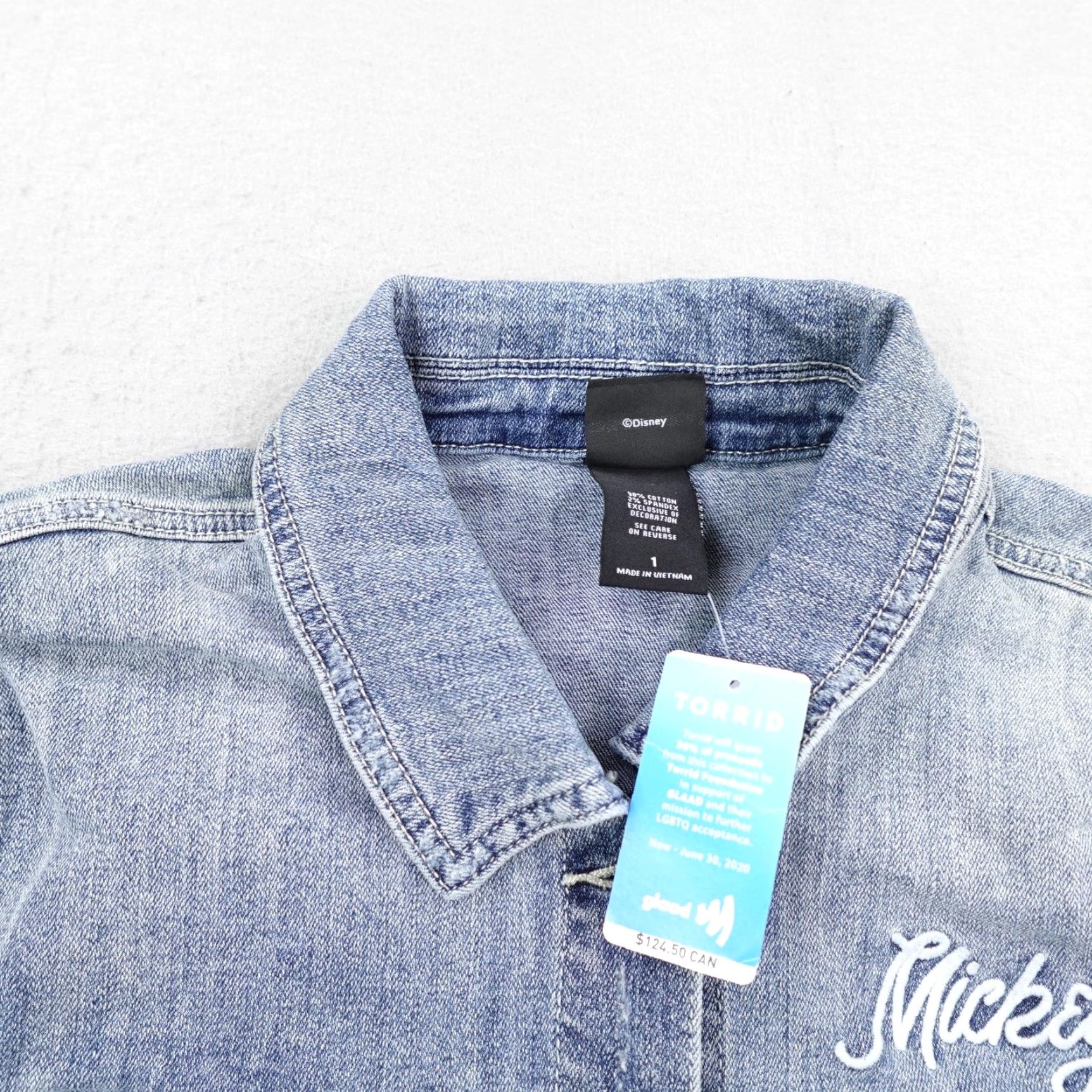 Disney Disney Torrid Jacket Womens 1X Blue Denim Jean Mickey Rainbow Pride Coat NEW Size 40" / US 18 - 3 Thumbnail