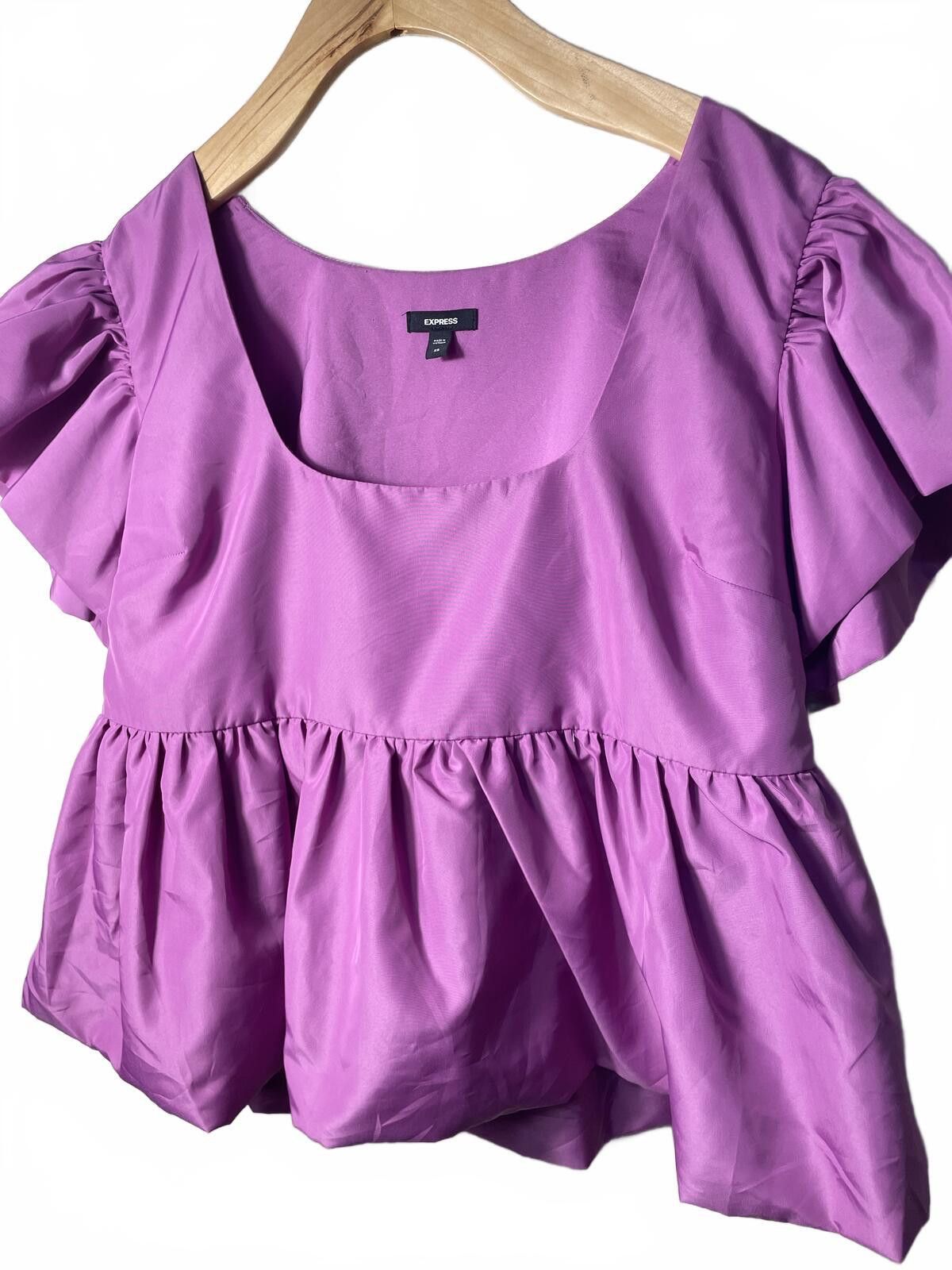 Express Express Puff Sleeve Babydoll Top Womens XS Purple Ruffle Size XS / US 0-2 / IT 36-38 - 1 Thumbnail