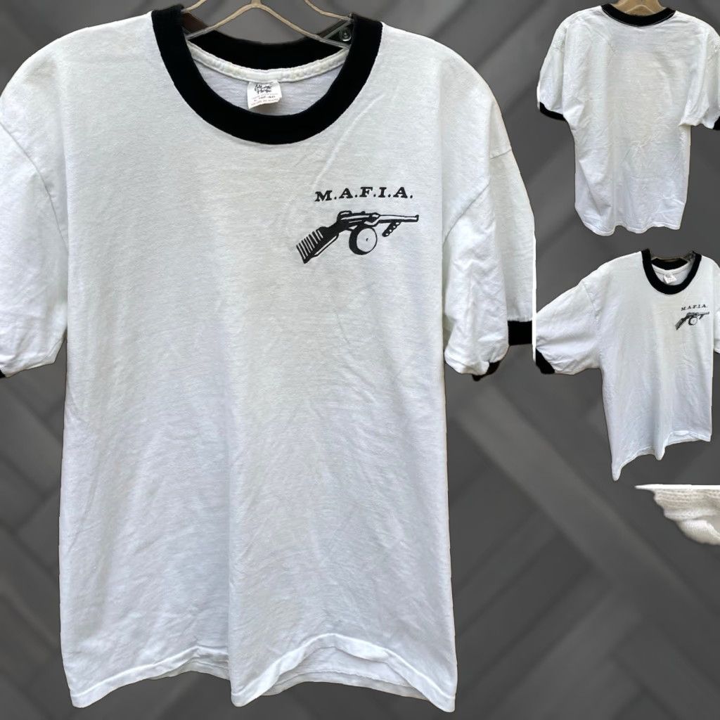 VINTAGE Collegiate Pacific Ringer T-Shirt 70s 80s MAfIA Tommy Gun Graphic Men L Multicolor Casual Shirts