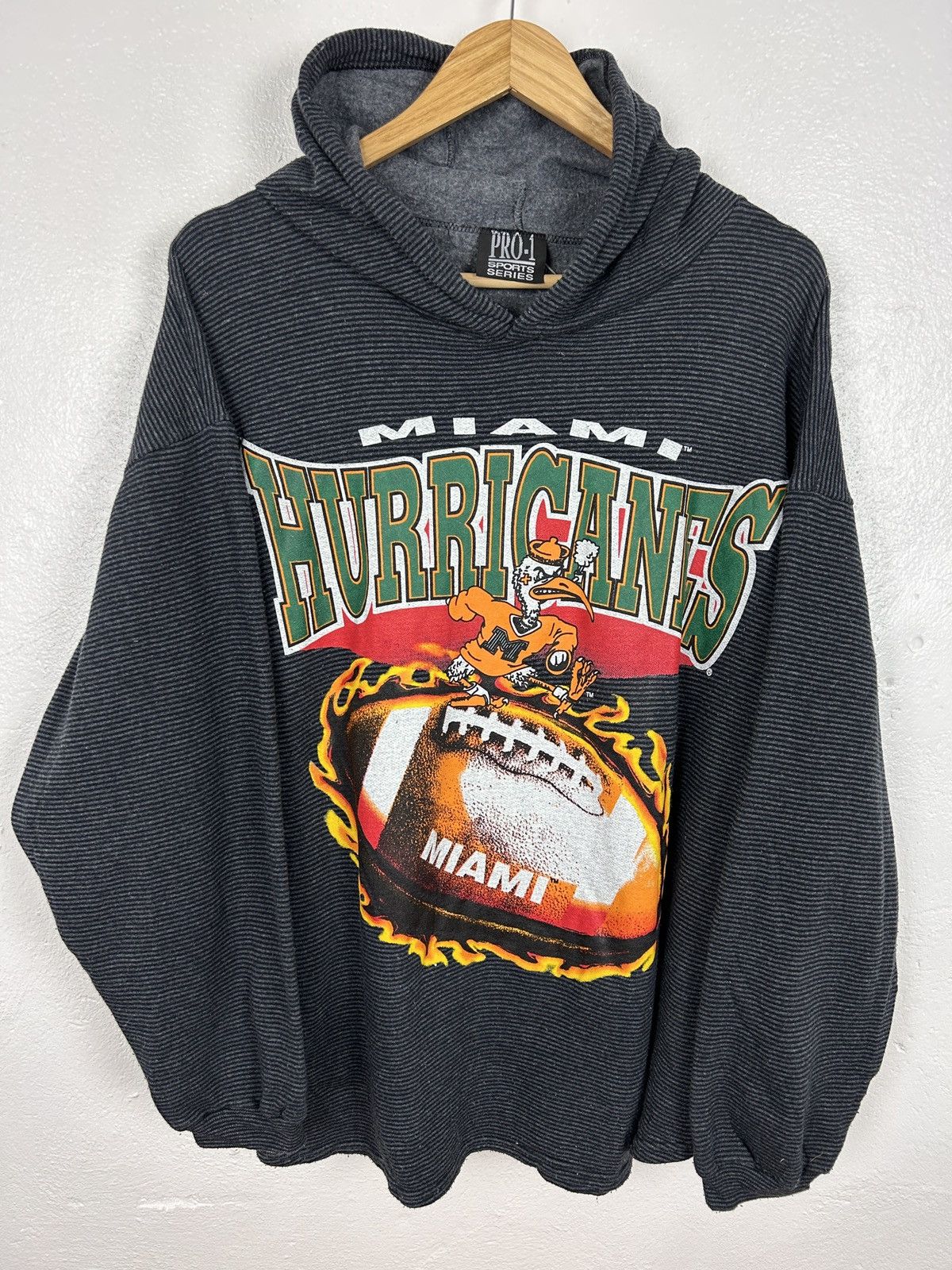 NFL 90s Vintage NCAA Miami Hurricanes Big Logo Striped Hoodie Size US XL / EU 56 / 4 - 1 Thumbnail