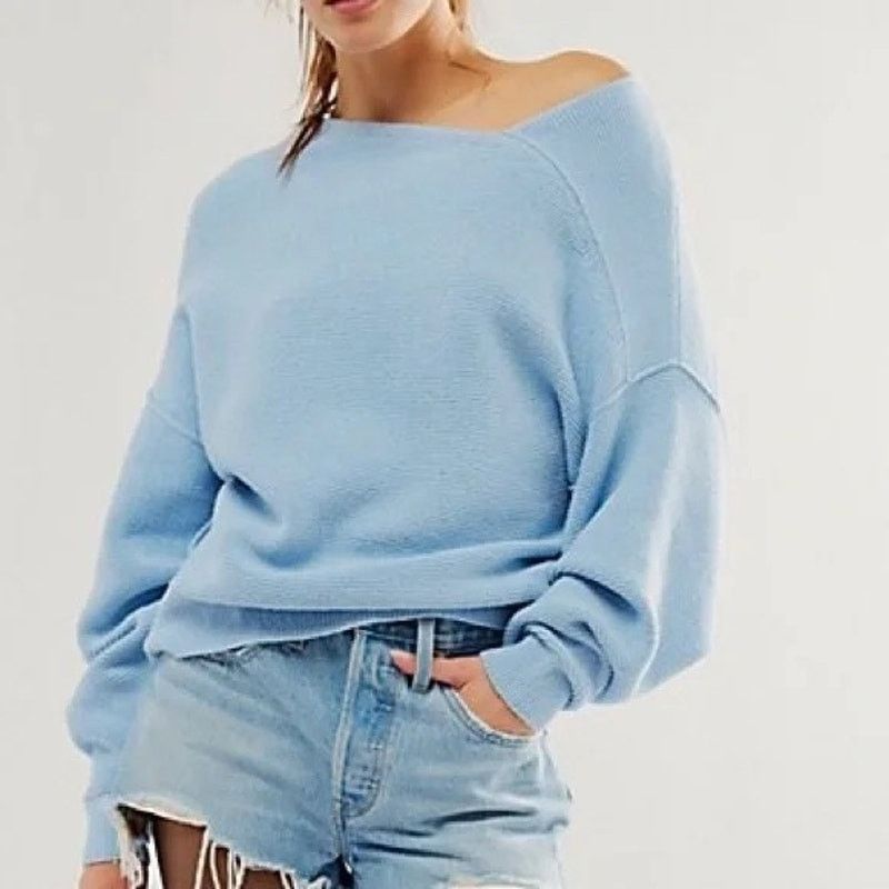 Free People New free people Sz small s ottoman off shoulder sweater blue Size S / US 4 / IT 40 - 1 Thumbnail