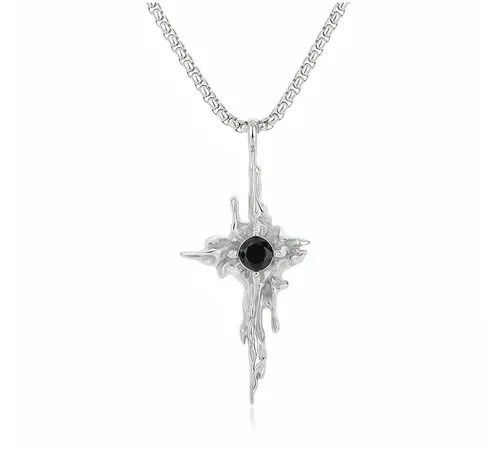 Jewelry Silver Gothic Cross Pendant Necklace with Black Stone Size ONE SIZE - 5 Thumbnail