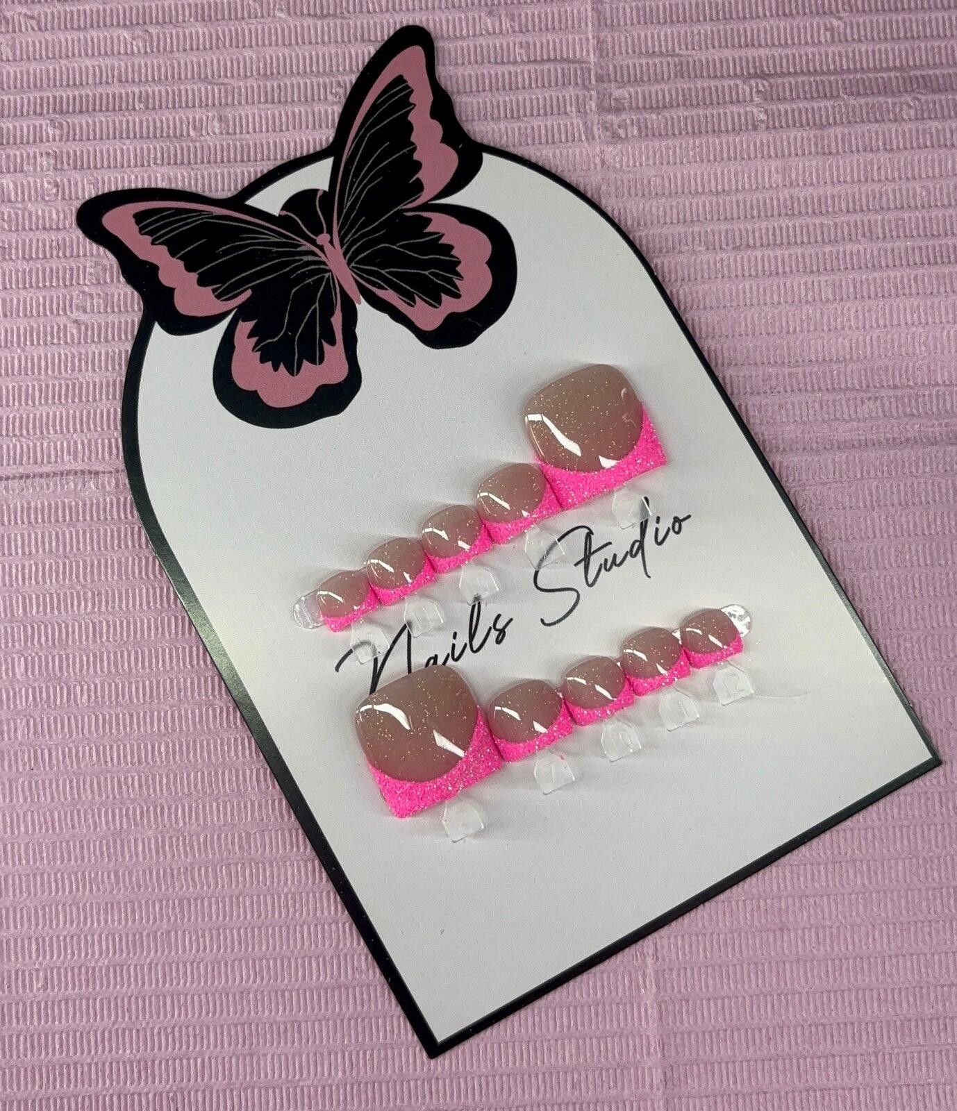 Handmade Press on toenails pink glitter French tips handmade custom Size ONE SIZE - 4 Thumbnail