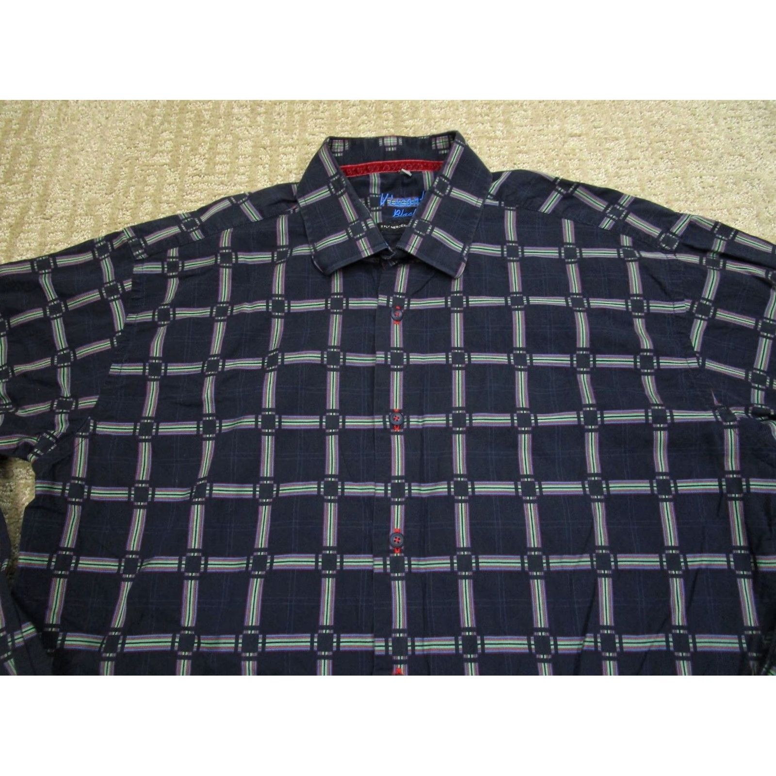 Vintage Visconti Black Button-Up Shirt Men XL Blue Grid Check Long Sleeve Button Down Size US XL / EU 56 / 4 - 2 Thumbnail