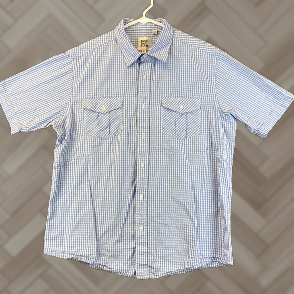 Vintage VINTAGE Paper Denim & Cloth Men's Short Sleeve Dress Shirt XL Blue White Check Cotton Blend 43-27 Size 46R - 1 Thumbnail