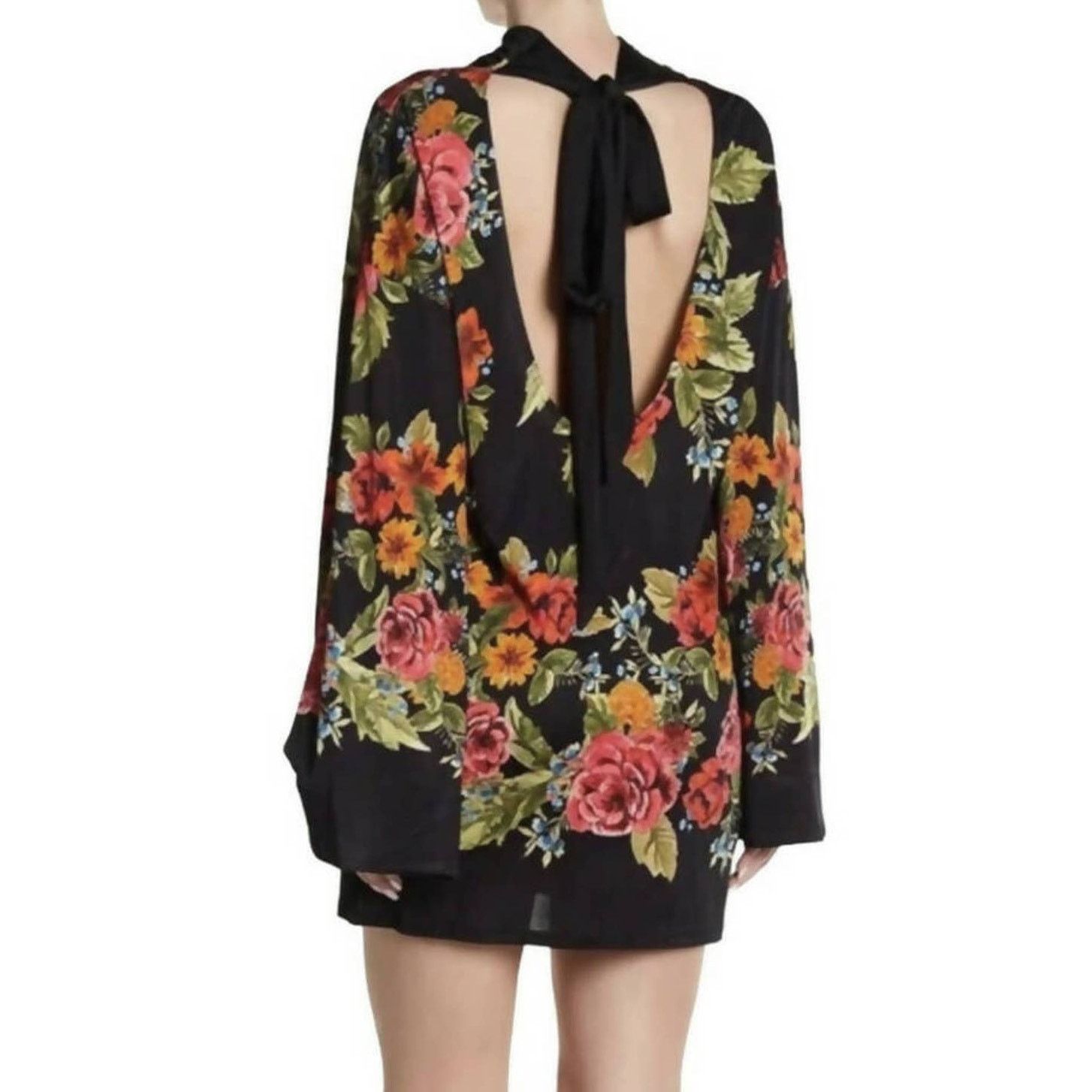 Free People Free People 2 AM Black Long Sleeve Tie-Back Floral Dress Size XS / US 0-2 / IT 36-38 - 2 Thumbnail