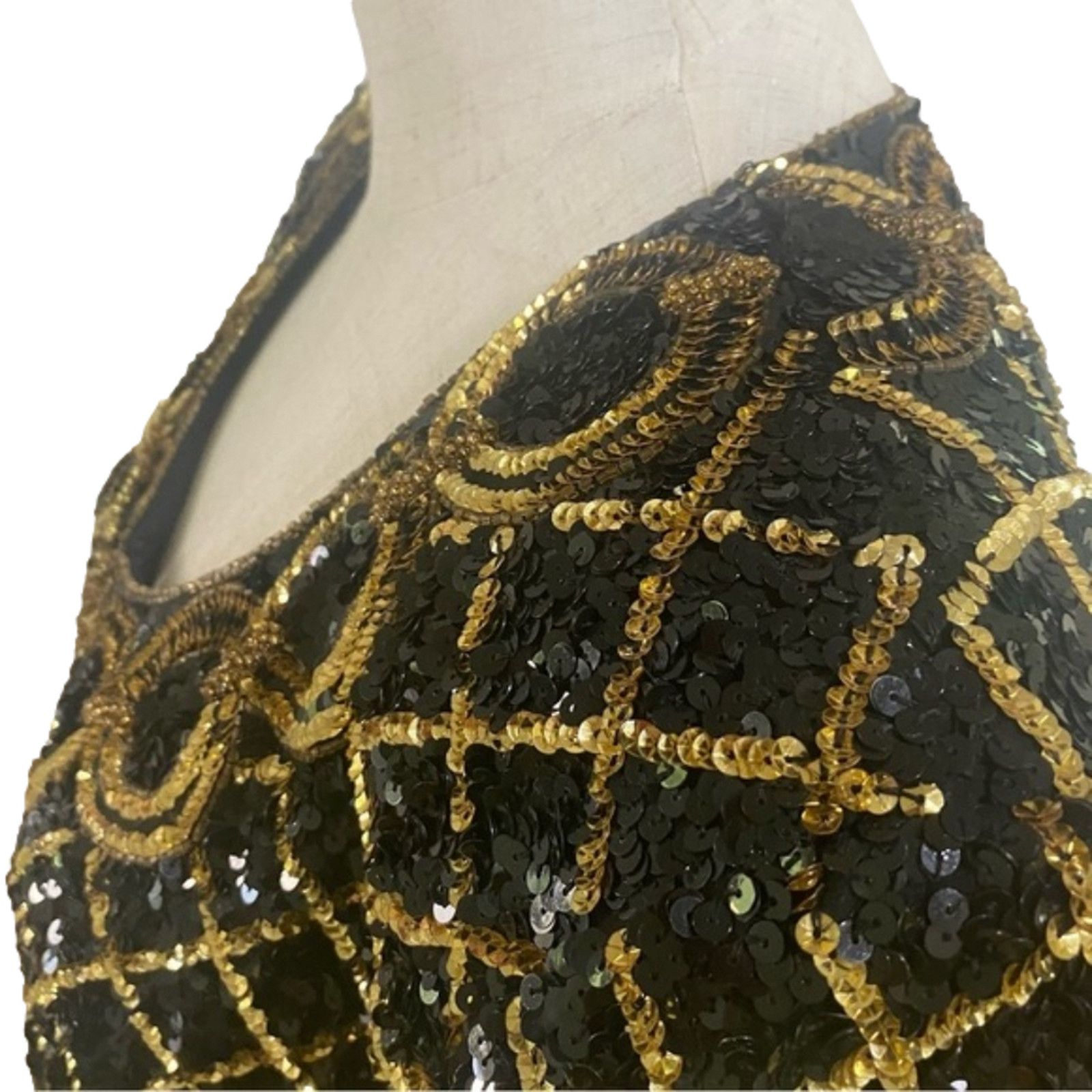 Designer VTG niteline silk SEQUIN beaded jacket gold black kazar Size L / US 10 / IT 46 - 6 Thumbnail