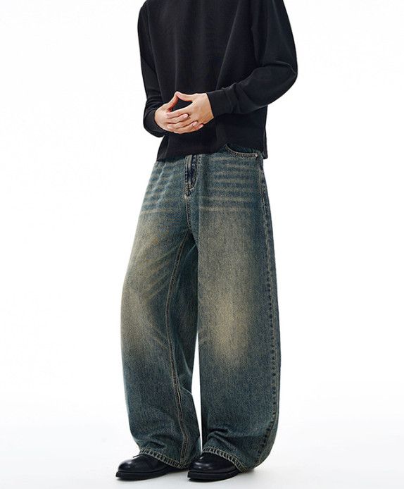 Japanese Brand Men's Washed Cleanfit Loose-fit Distressed Curved Jeans Y2K Size US 32 / EU 48 - 3 Thumbnail