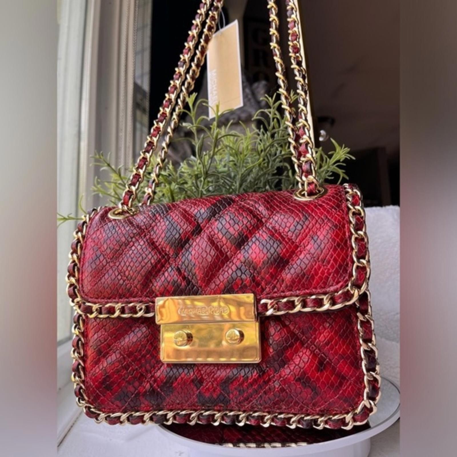 Michael Kors Red Carine Snake Print /gold Chain Shoulder Bag, Women's