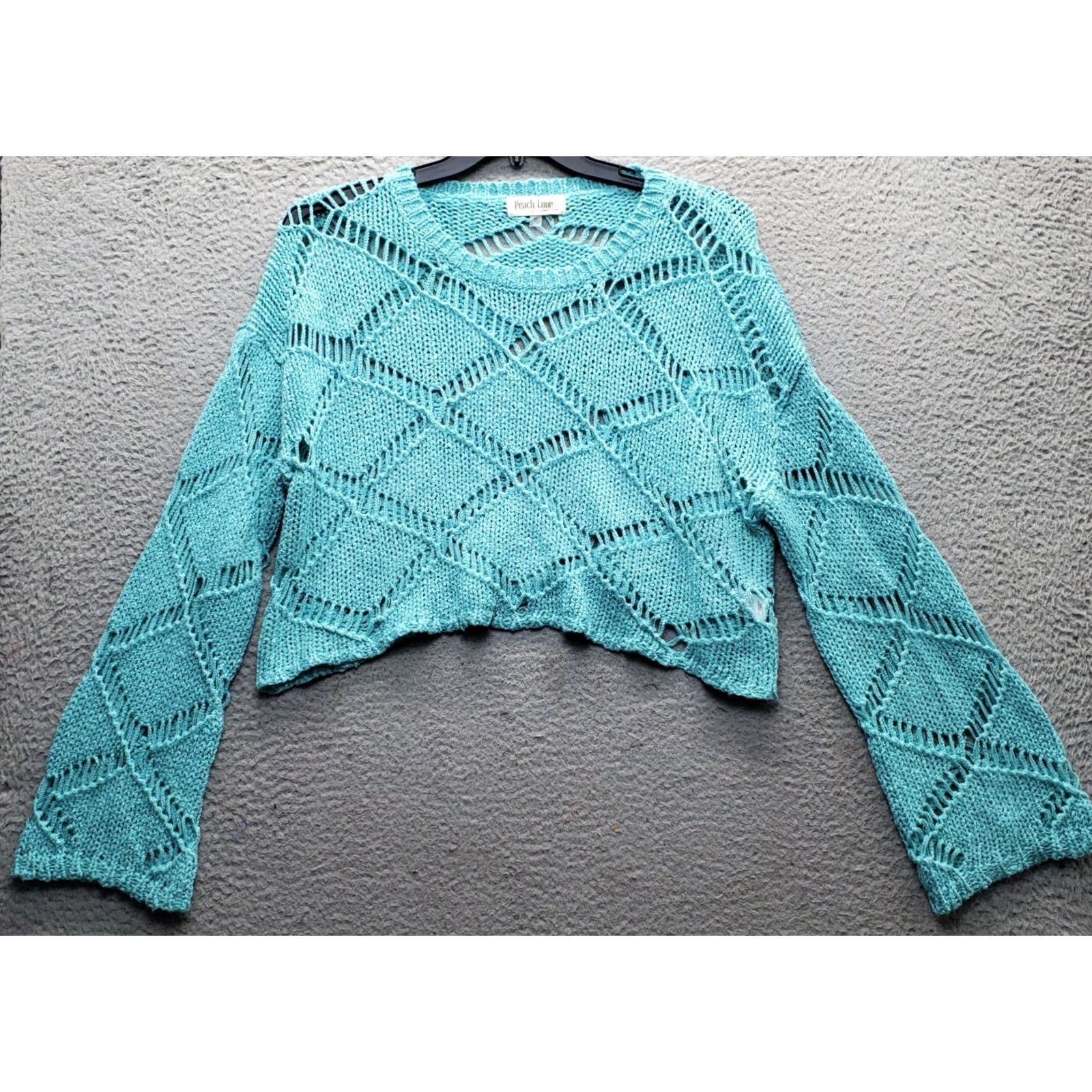 Vintage Peach Love California Womens Cropped Sweater Size M Green Open Knit Long Sleeve Pullover Cardigan Style Casual Comfort Knit Open-Knit Size M / US 6-8 / IT 42-44 - 2 Thumbnail