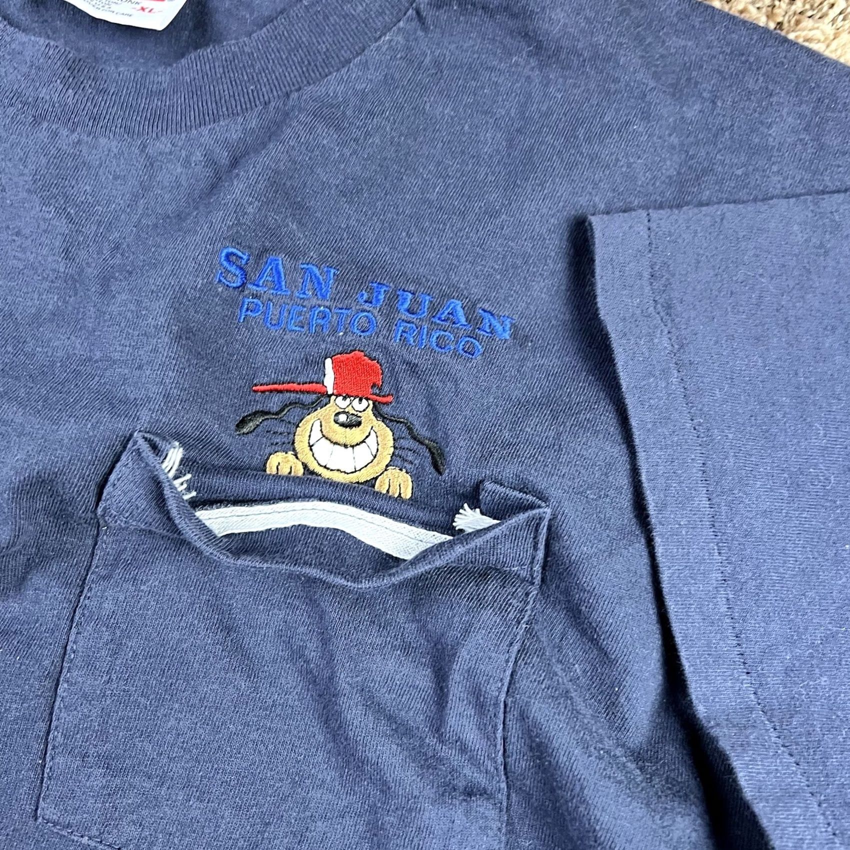 Anvil VINTAGE San Juan Puerto Rico T-Shirt XL Selvedge Pocket Single Stitch 90s Anvil Crew Neck Blue 100% Cotton USA Men Size US XL / EU 56 / 4 - 5 Thumbnail