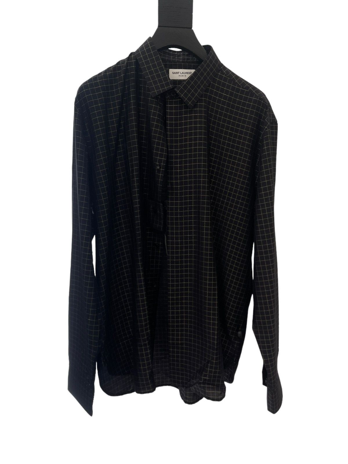 image of Saint Laurent Paris YVES Collar Classic Shirt In Checked Viscose in Black, Men's (Size Medium)