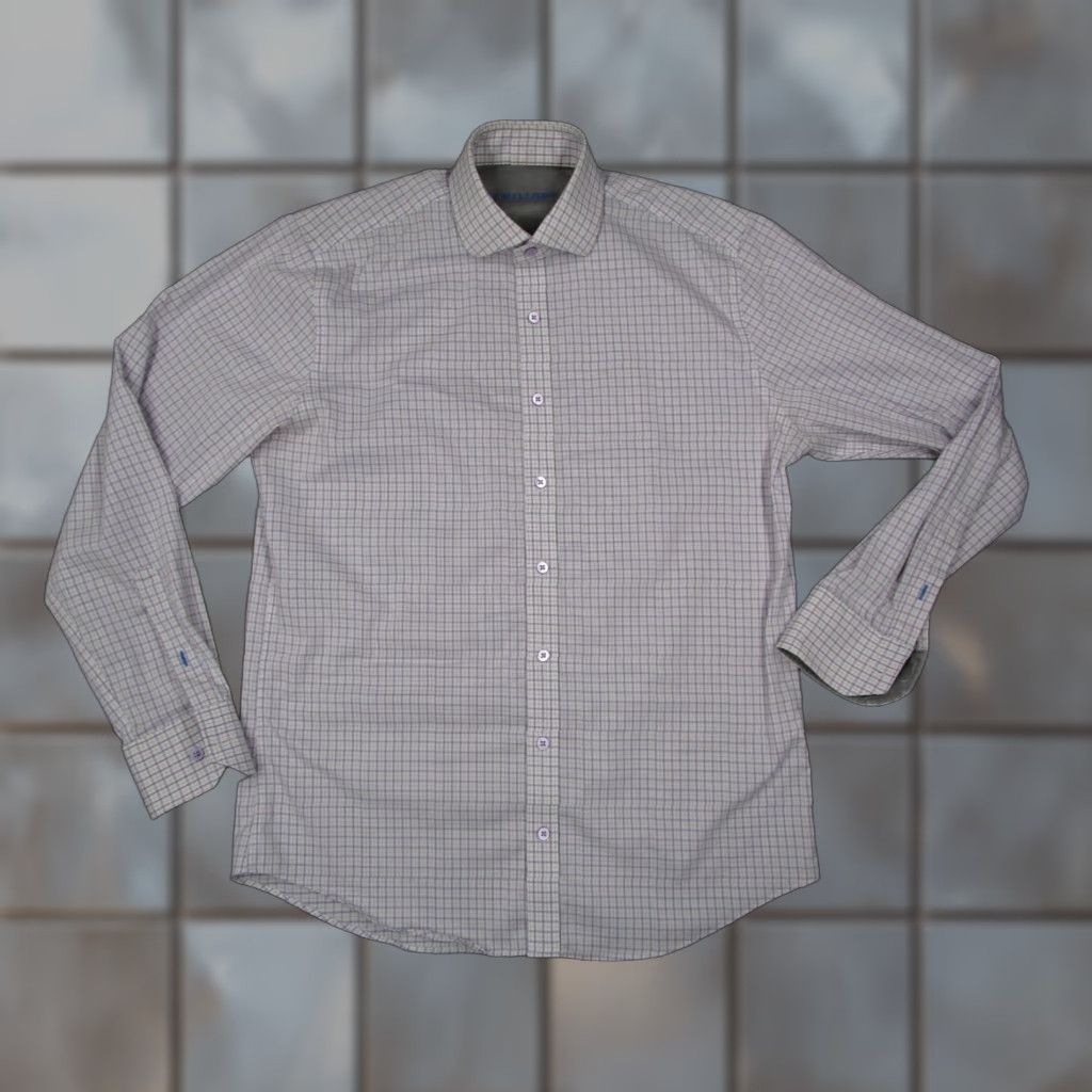 Vintage TWILLORY Men's Purple Check Dress Shirt 16 34 Long Sleeve Tailored Performance Button Up Flip Cuff Size 34R - 1 Thumbnail