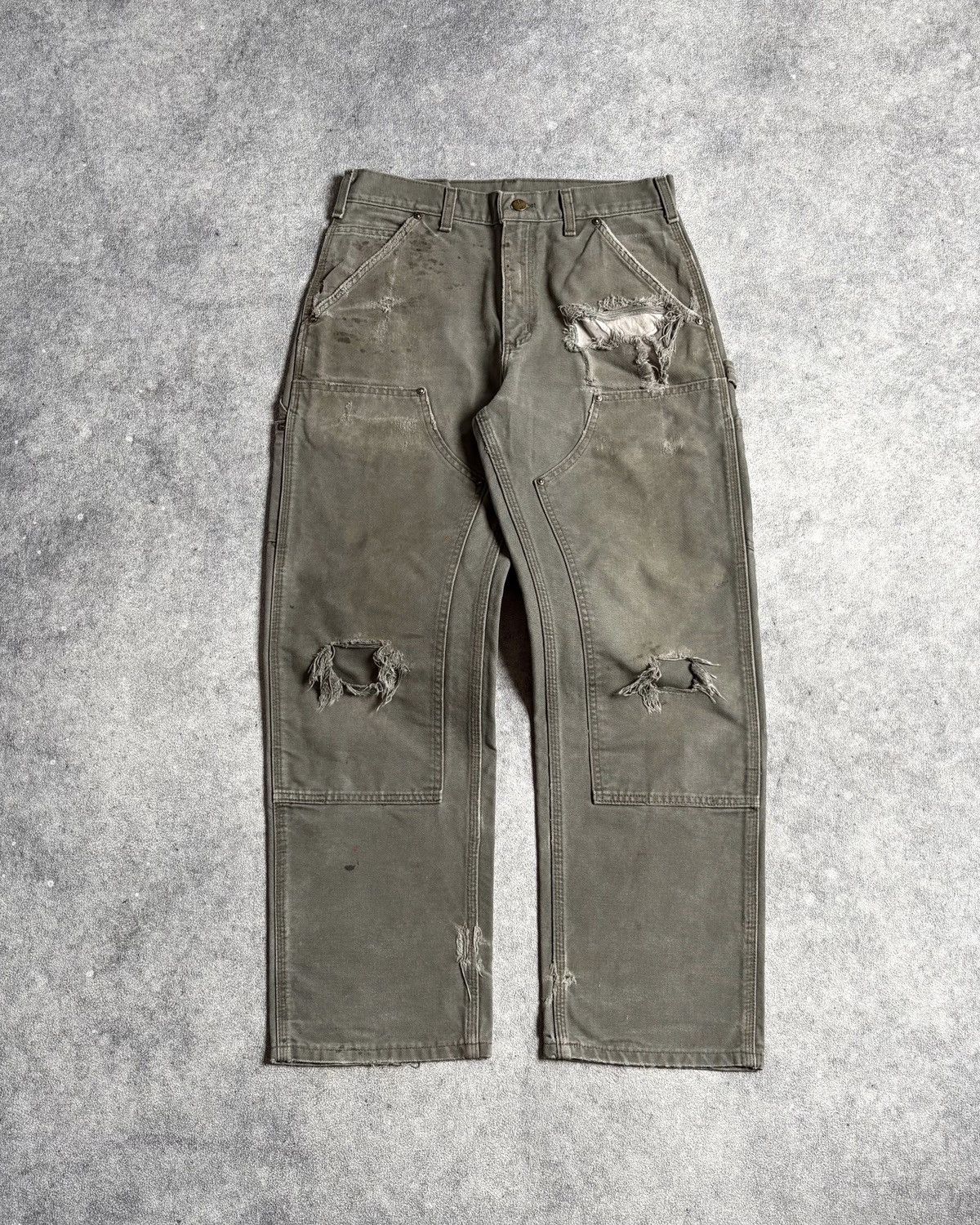 Carhartt Faded MOSS Green Thrashed Carhartt Double Knee Pants Size US 30 / EU 46 - 2 Thumbnail