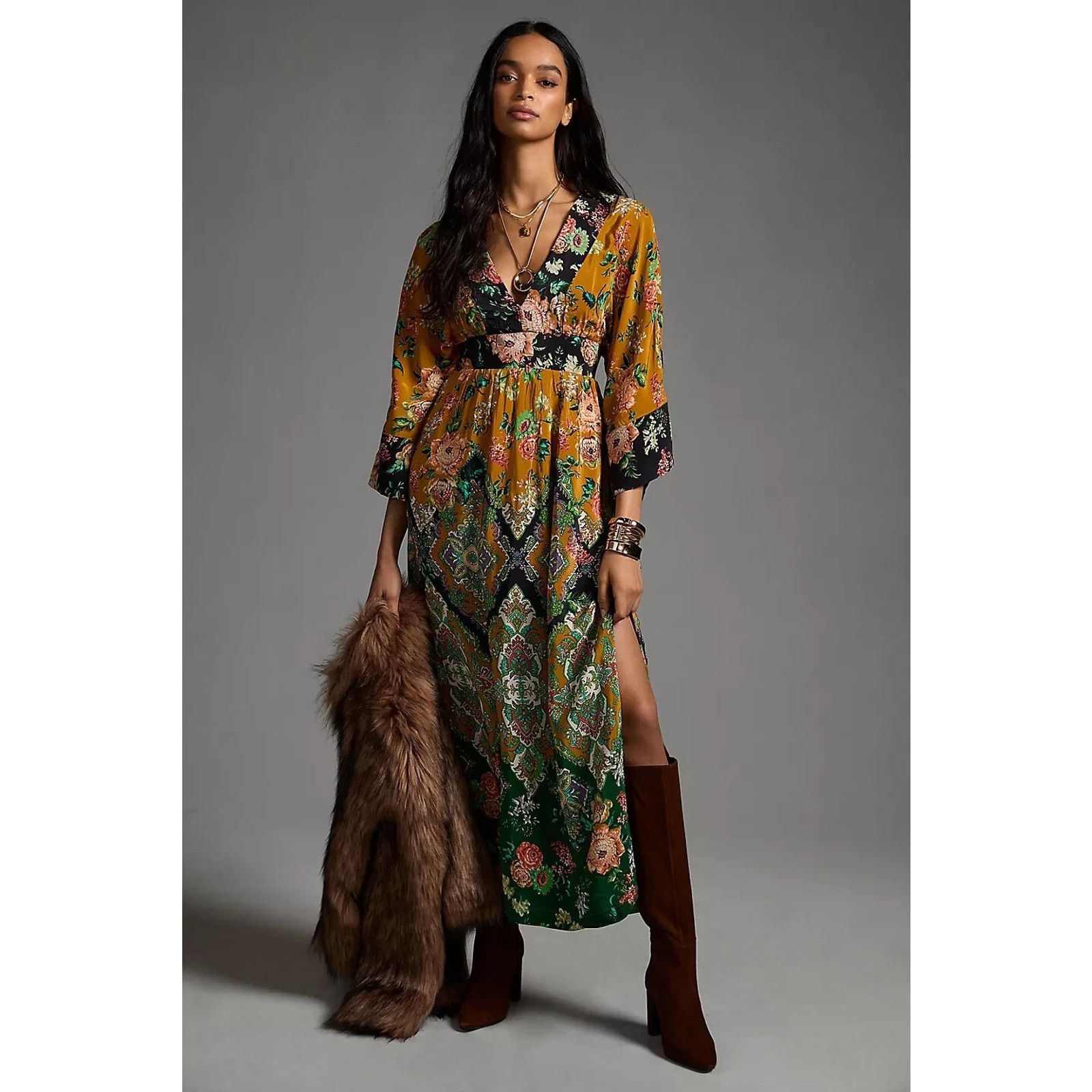 Anthropologie Anthropologie Floral Multicolor V-Neck Maxi Dress 00P Size XXS / US 00 / IT 34 - 1 Thumbnail