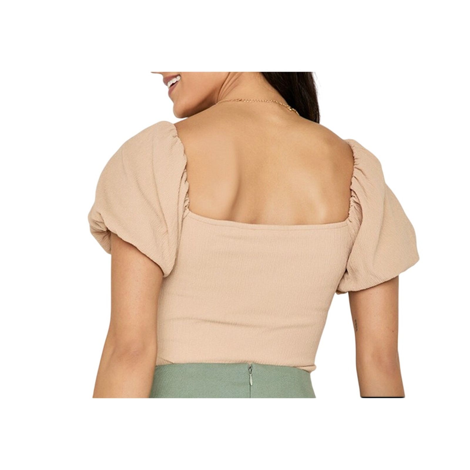 Other Francescas Beige Square Neck Puff Sleeve Knit Bodysuit Size L / US 10 / IT 46 - 2 Thumbnail